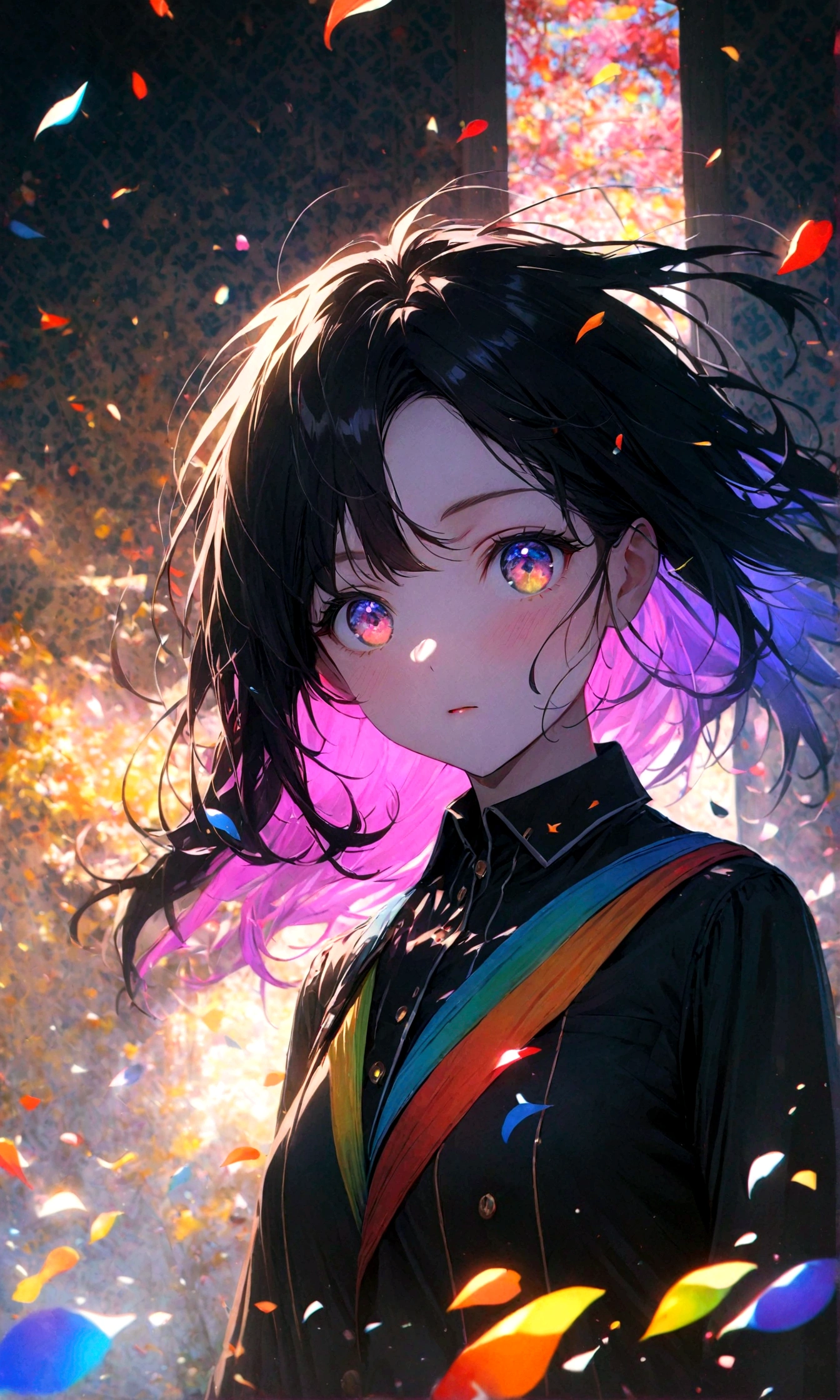 (female\(student, age of 15, JK, short silver floating hair, cosmic colored eyes, black color uniform of school, pale skin, tired face with no shine in the eyes\) is looking up at the sky), (so many shiny red scale goldfishes are swimming in the air), beautiful sky, beautiful clouds, summery colorful flowers are blooming here and there, you can feel the flowing wind shining with colorful petals, there is the noonday moon and noonday stars in the sky, BREAK ,quality\(8k,wallpaper of extremely detailed CG unit, ​masterpiece,hight resolution,top-quality,top-quality real texture skin,hyper realisitic,increase the resolution,RAW photos,best qualtiy,highly detailed,the wallpaper,cinematic lighting,ray trace,golden ratio\),long shot