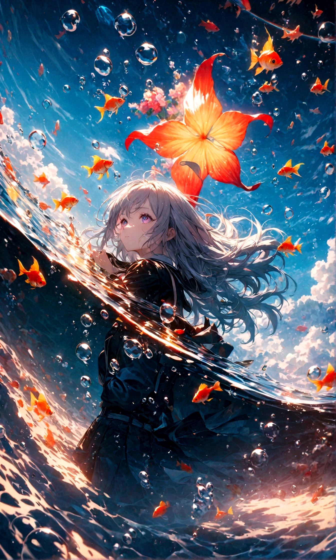 (female\(student, age of 15, JK, short silver floating hair, cosmic colored eyes, black color uniform of school, pale skin, tired face with no shine in the eyes\) is looking up at the sky), (so many goldfish are swimming in the air), beautiful sky, beautiful clouds, summery colorful flowers are blooming here and there, (crystal clear bubbles as if underwater are shining prism here and there in the sky), there is the noonday moon and noonday stars in the sky, BREAK ,quality\(8k,wallpaper of extremely detailed CG unit, ​masterpiece,hight resolution,top-quality,top-quality real texture skin,hyper realisitic,increase the resolution,RAW photos,best qualtiy,highly detailed,the wallpaper,cinematic lighting,ray trace,golden ratio\),long shot