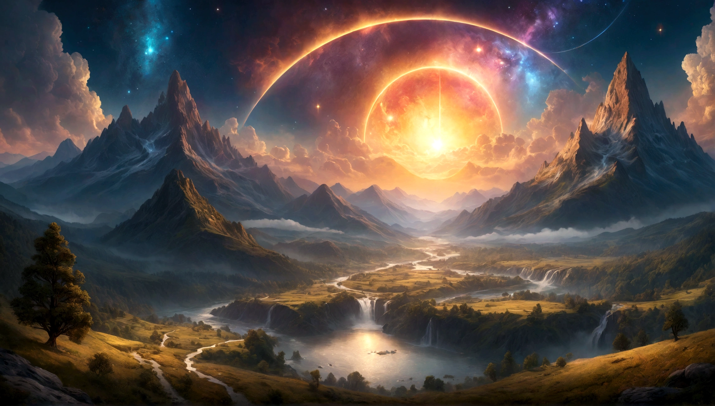 a vast cosmic landscape, the moment of creation, a gigantic explosion of light and energy, swirling clouds of cosmic dust, glowing nebulae, distant galaxies, intricate fractal patterns, ethereal energy fields, celestial bodies in motion, surreal otherworldly atmosphere, vibrant colors, dramatic lighting, photorealistic, cinematic, epic scale, highly detailed, 8k, award winning sci-fi concept art