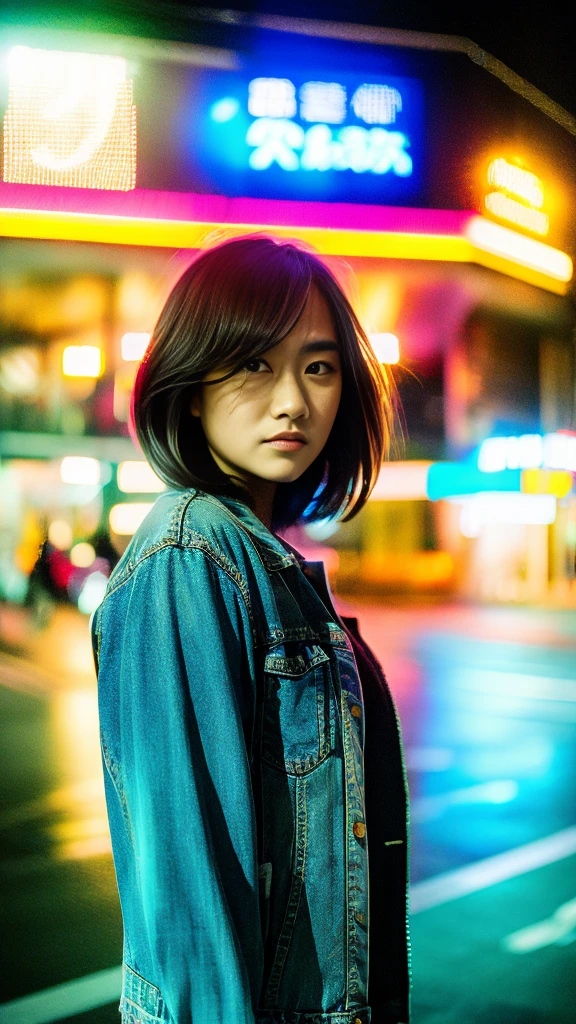 Masterpiece, (best quality:1.4), ultra high res, master photography, professional color grading, depth of fields, rule of third, 50mm, film grain, (photorealistic:1.4), cinematic lighting, chromatic abberation, 1girl, short hair, wearing denim jacket, streetwear, hypebeast, detailed face, detailed eyes, flat chest, looking at viewer, front view, cowboy shot, Hong Kong street background, night, city light, blurry background, sfw