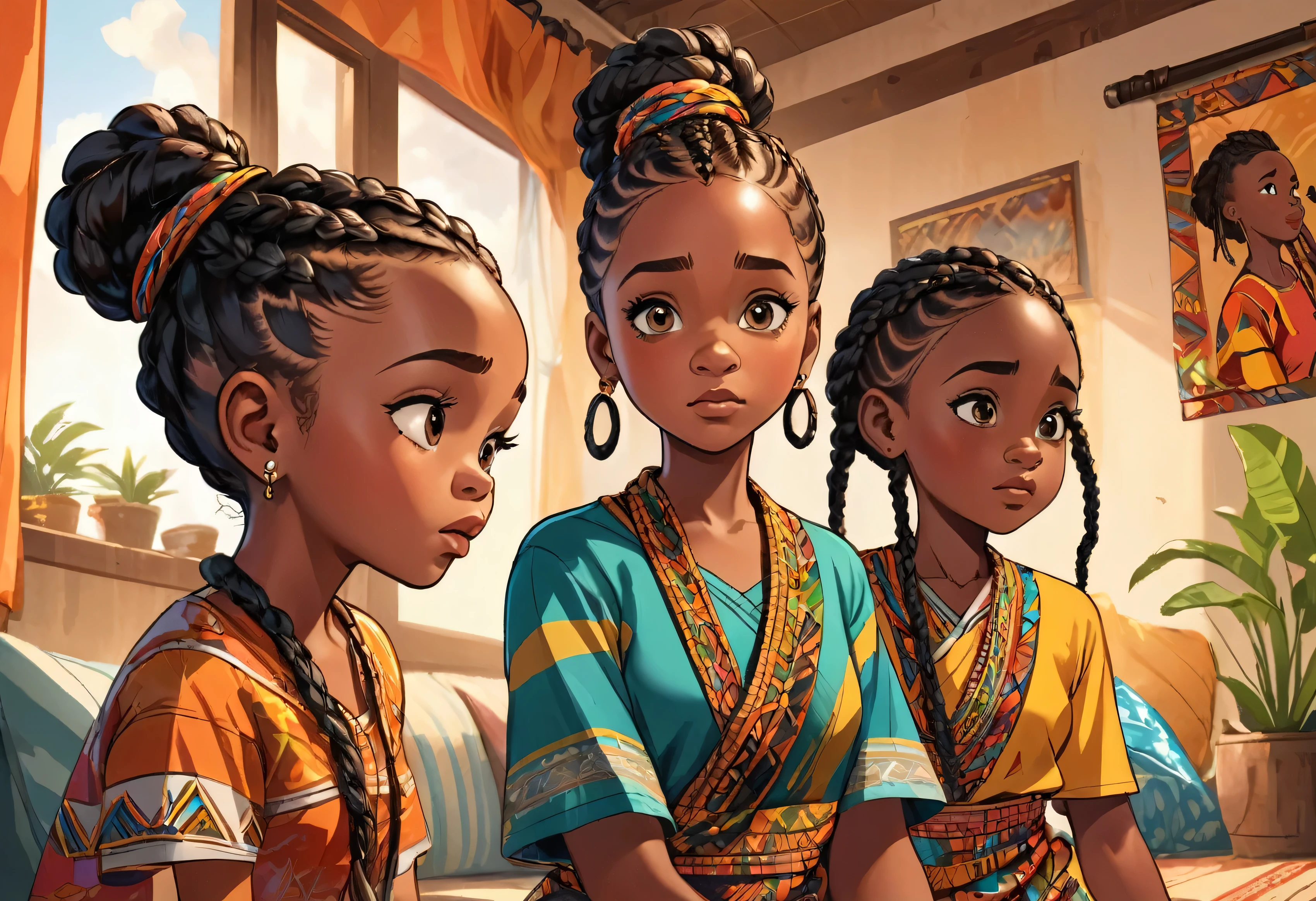 3 kids, (Two girls), (one boy), (african braid hairstyles,) (wearing clothes with African motifs) worried look, one of the kids pointing at something, looking at the same direction, (masterpiece best quality:1.2) delicate illustration ultra-detailed,  (disney-related event) indoor, (living room),  detailed background African home, illustrations, bright, colourful, with big background space