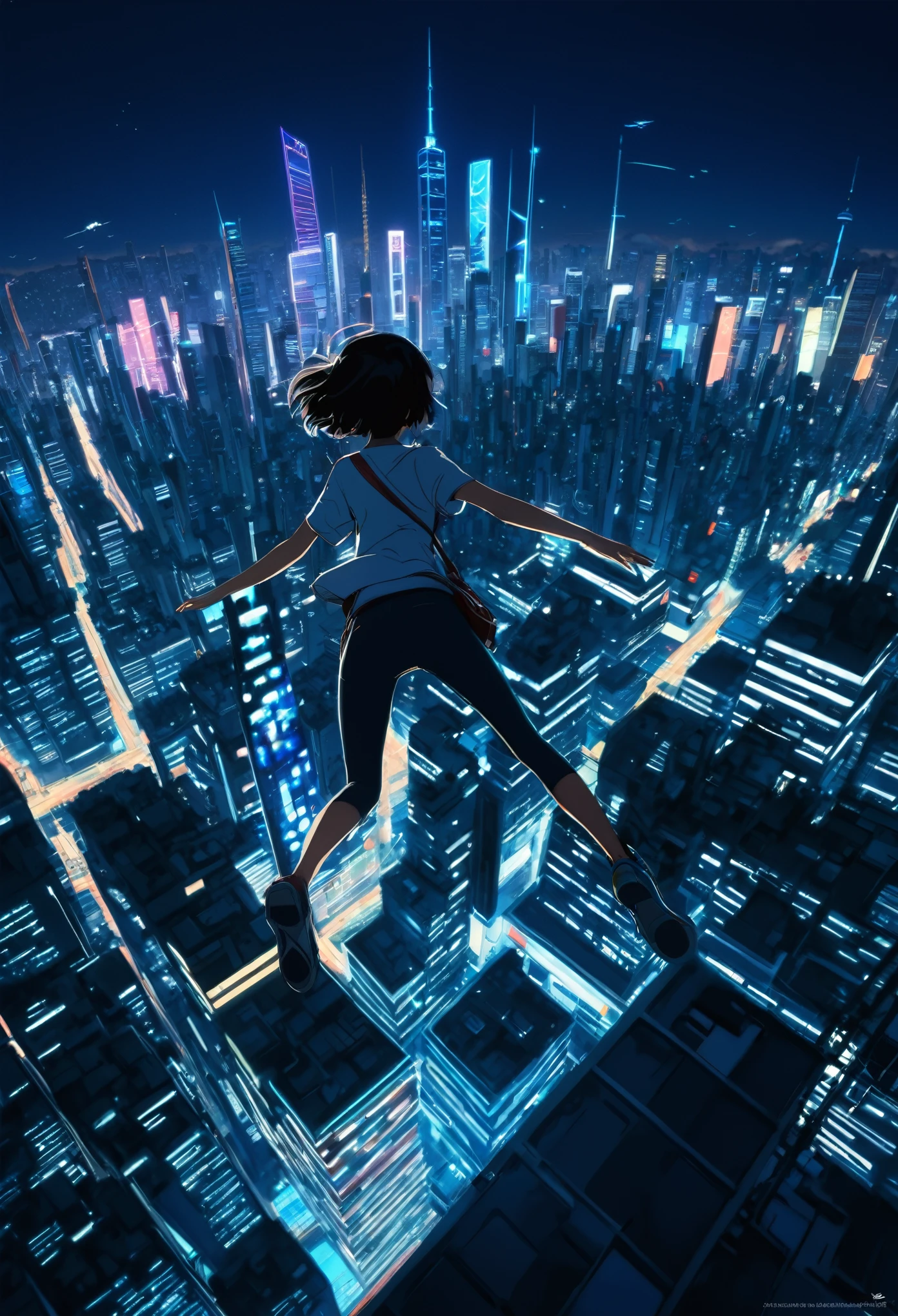 (junkotvv black hair with bangs, (cat ears), Red eyes), a person falling from a building into the air with a city in the background, concept art by Yuumei, trend on CGSociety, conceptual art, soaring above a dense city, makoto shinkai cyril rolando, Dawn CGSOCIEDAD, cosmic skies. By Makoto Shinkai, Octane rendering. By Makoto Shinkai, high definition cg society,Kafka ,8k, Observing the city from the skyscraper.,neon city at night,