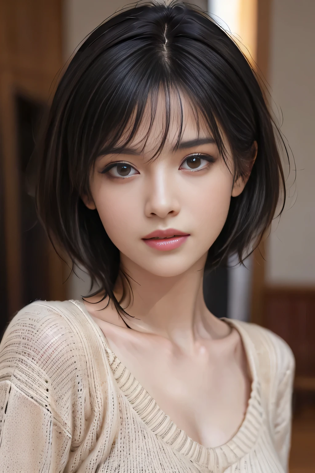 (masterpiece:1.3), (8k, Realistic, RAW Photos, highest quality: 1.4), (One girl), Beautiful Face, (Realistic Face), (Black Hair, short hair:1.3), Beautiful Hairstyles, Realistic eyes, Beautiful fine details, (Realistic Skin), Beautiful Skin, (sweater), Absurd, Charm, Ultra-high resolution, Ultra-realistic, Very detailed, Golden Ratio