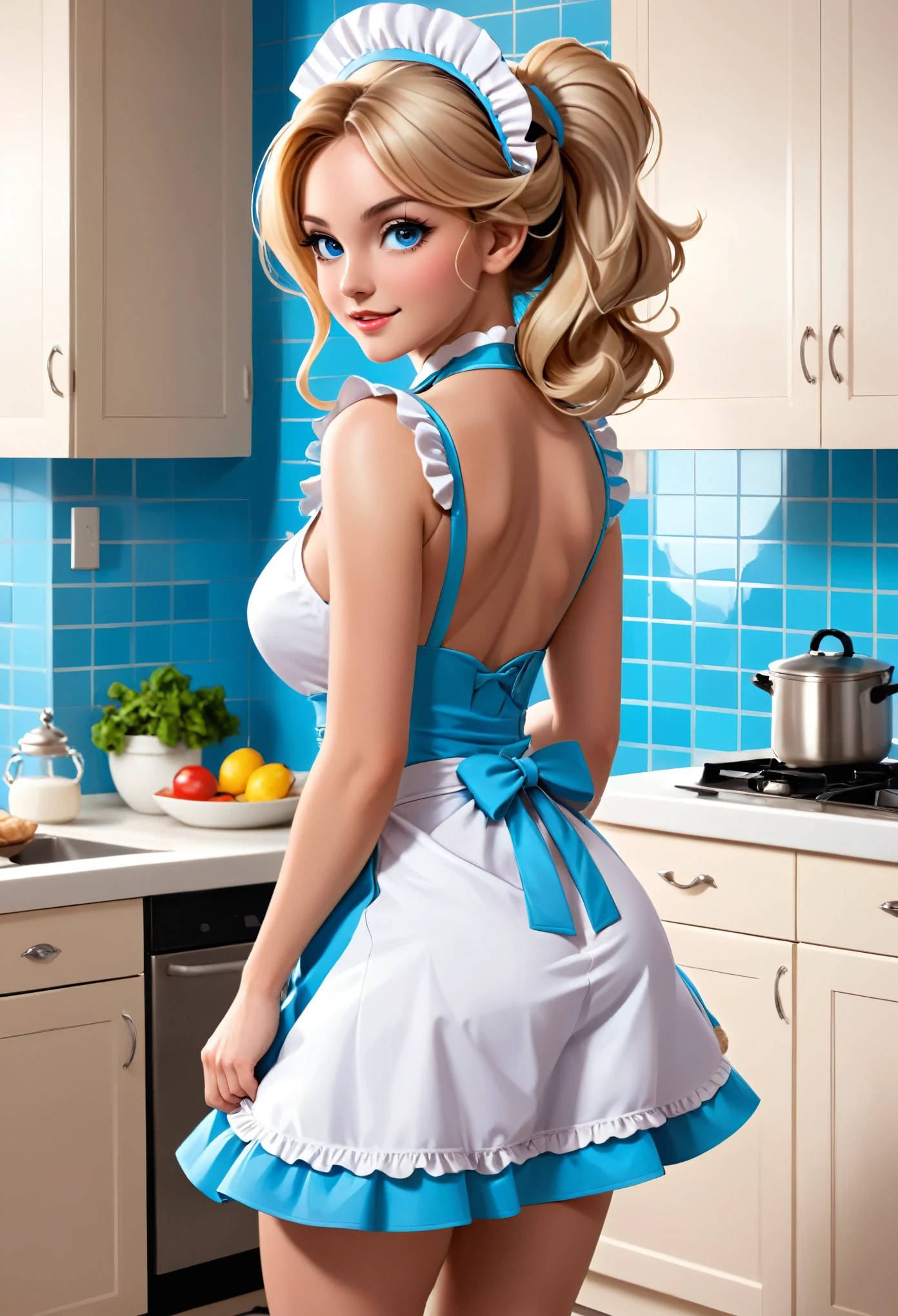 1girl, apron, ass, back, blue eyes, breasts, blonde hair, wavy hair, from behind, kitchen, lips, long hair, looking at viewer, looking back, maid, maid apron, maid headdress, ponytail, solo, thong, tile floor, tile wall, tiles, waist apron, white apron, wrist cuffs sultry look, inviting expression