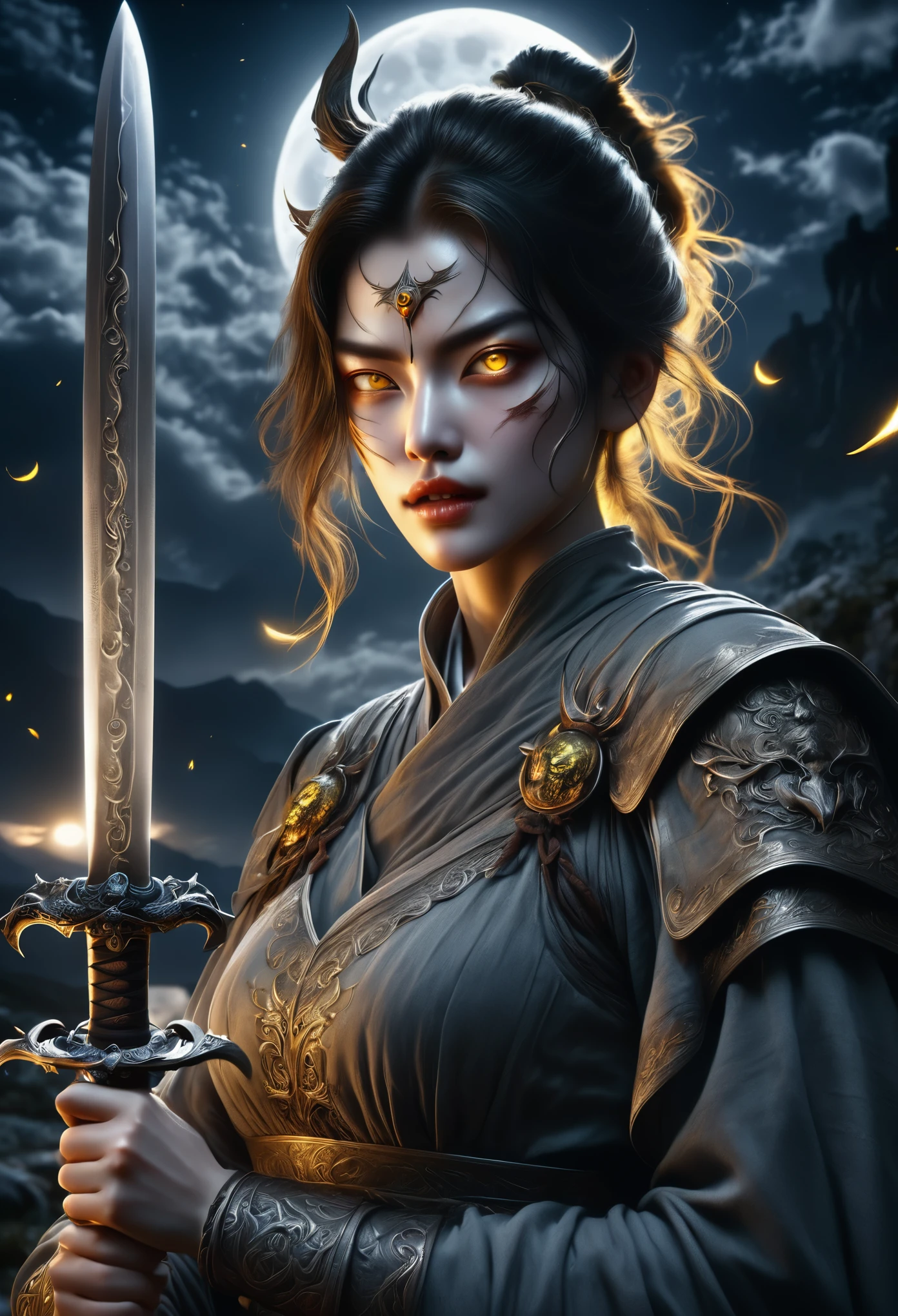 a woman with glowing yellow eyes, sharp teeth, holding a sword, moonlit night, spot color, highly detailed, photorealistic, 8k, ultra-detailed, hyper-realistic, cinematic lighting, volumetric lighting, atmospheric, dramatic