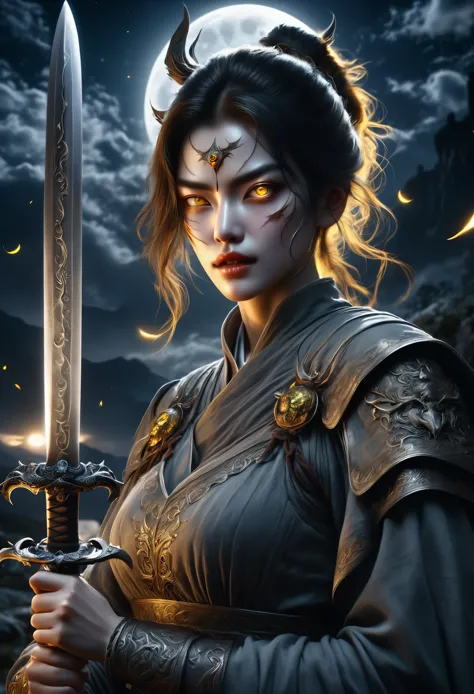 a woman with glowing yellow eyes, sharp teeth, holding a sword, moonlit night, spot color, highly detailed, photorealistic, 8k, ...