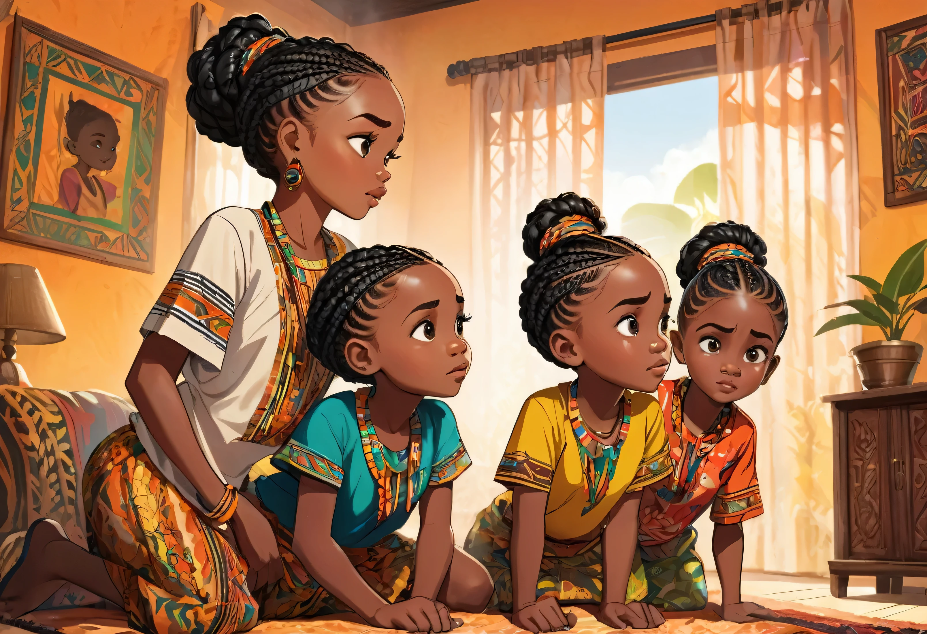 3 kids, (Two girls), (one boy), (african braid hairstyles,) (wearing clothes with African motifs) worried look, one of the kids pointing at something, looking at the same direction, (masterpiece best quality:1.2) delicate illustration ultra-detailed,  (disney-related event) indoor, (living room),  detailed background African home, illustrations, bright, colourful, with big background space