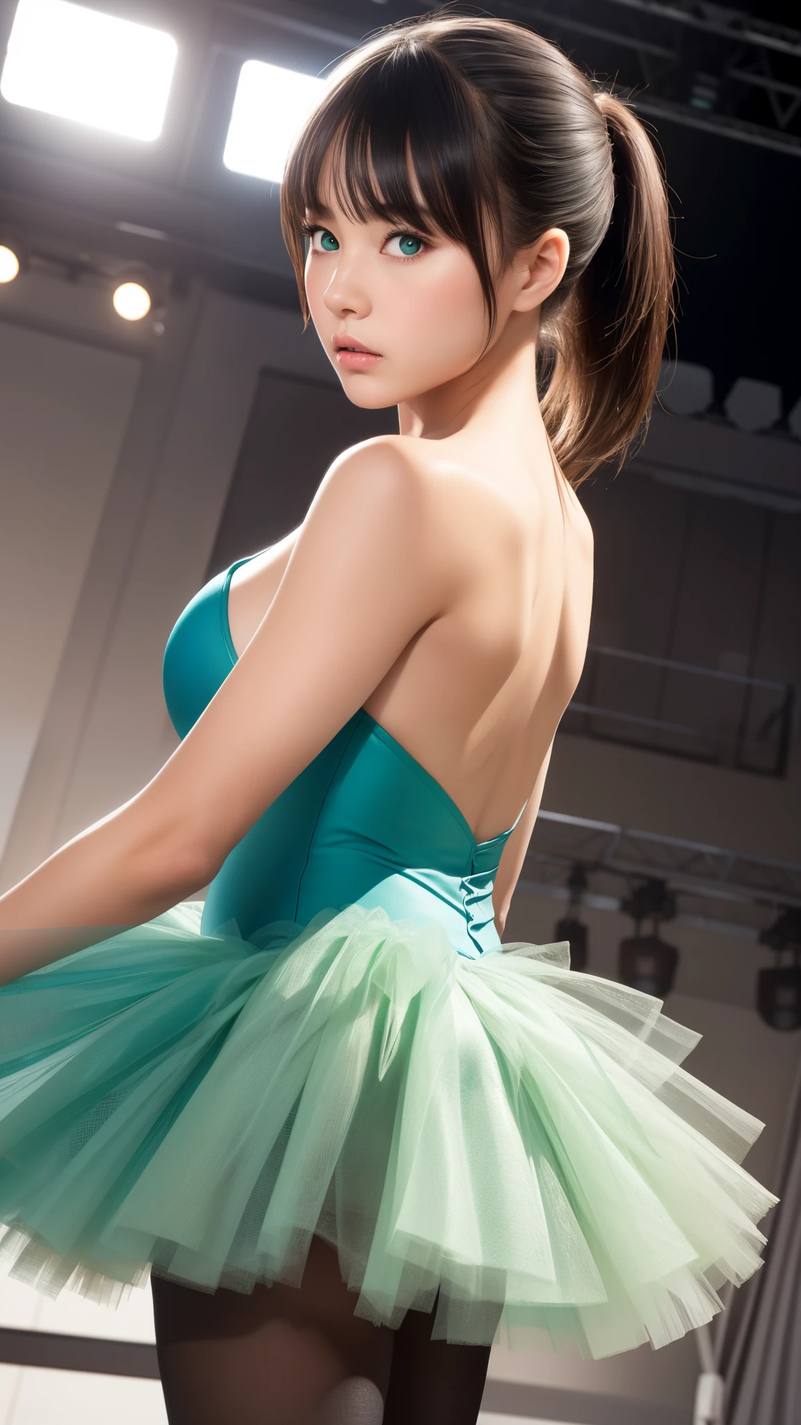 1girl, natural lighting, masterpiece, highly detailed, illustration, game CG, absurdres, high quality, aichan, (large breasts), beautiful green detailed eyes, short black hair, ponytail, bangs, glossy lips, stage, ballerina, tutu, pantyhose, from behind, looking back at viewer