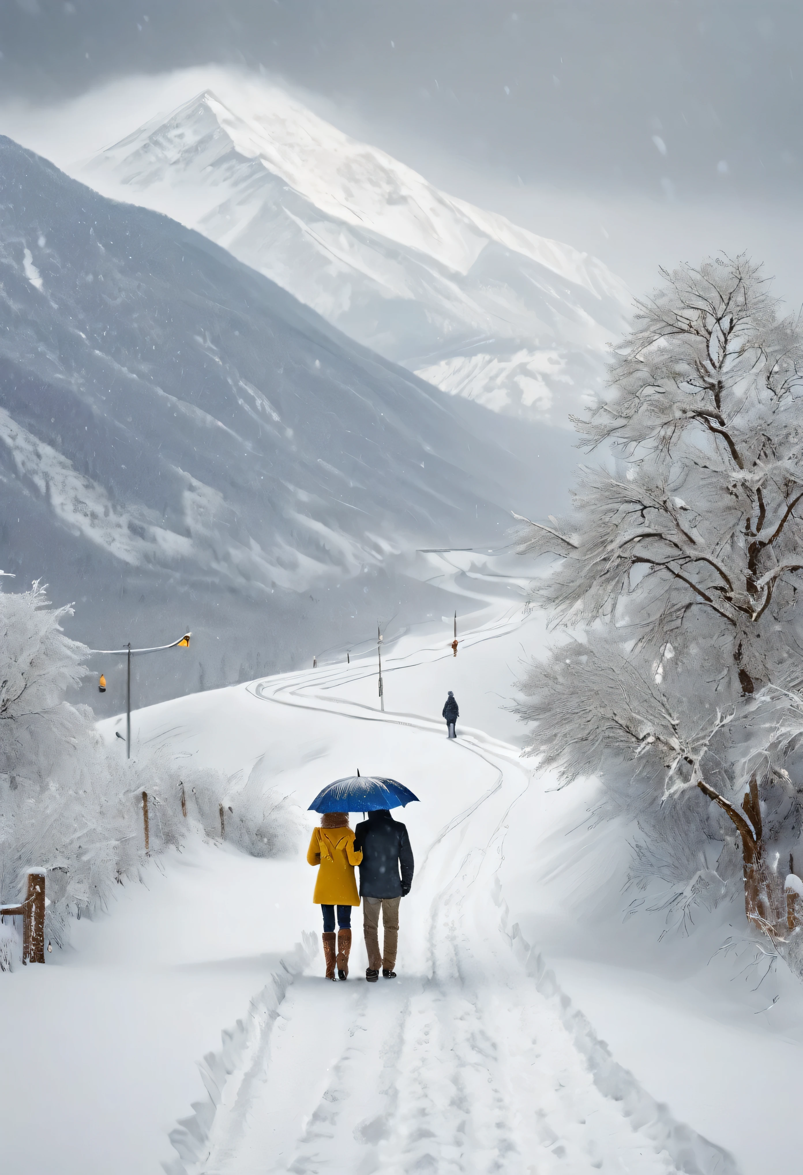 heavy snow，Blizzard，下heavy snow，A couple of lovers，Share an umbrella，Back，Back，warmth，Touching，Go into the distance，S-shaped path，Distant Mountains，RAW，8k，Detailed Details，Best quality，Perfect color matching，Sense of atmosphere，Masterpieces shot by international photography masters，National Geographic Photography Award Winners