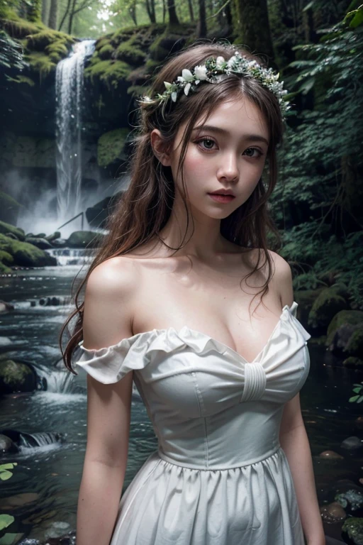 Uma foto aproximada de uma mulher como uma deusa com um busto de tamanho médio em seu vestido branco na floresta escura e encantada, há uma cachoeira no fundo dela.