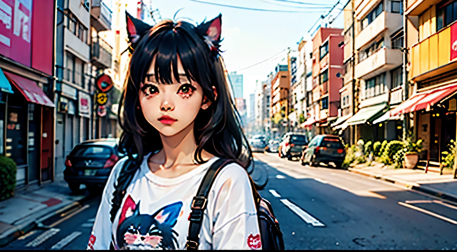 Anime girl with black hair and cat ears standing in the middle of a street  - SeaArt AI