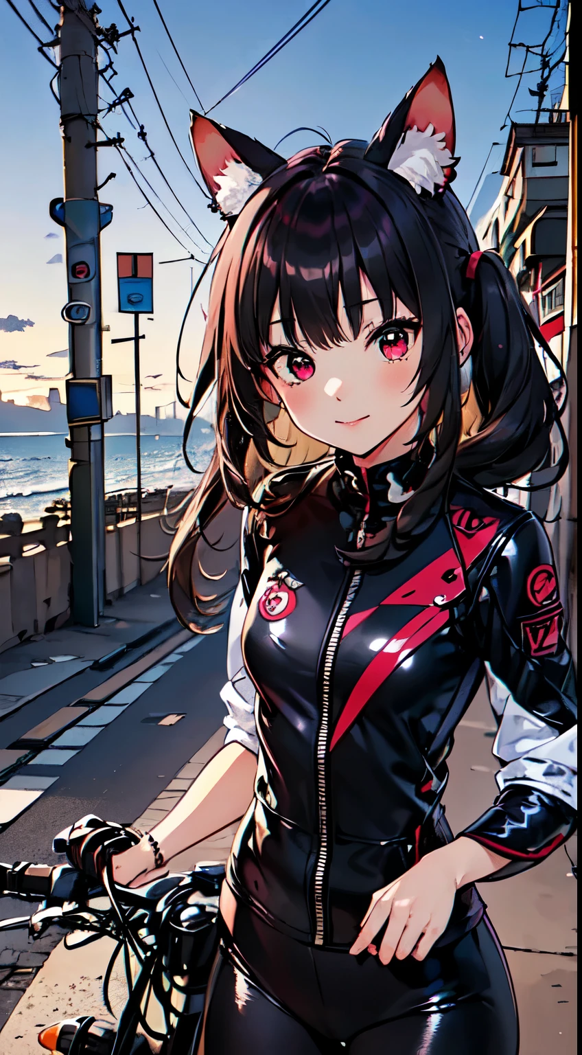 ((junkotvv pelo negro, flequillo, orejas de gato, ojos rojos)), de primera calidad, Obra maestra, calidad de imagen de 16k, una hermosa chica andando en motocicleta, ese es tipo americano,El fondo es la orilla del mar al atardecer., Hermosas nubes