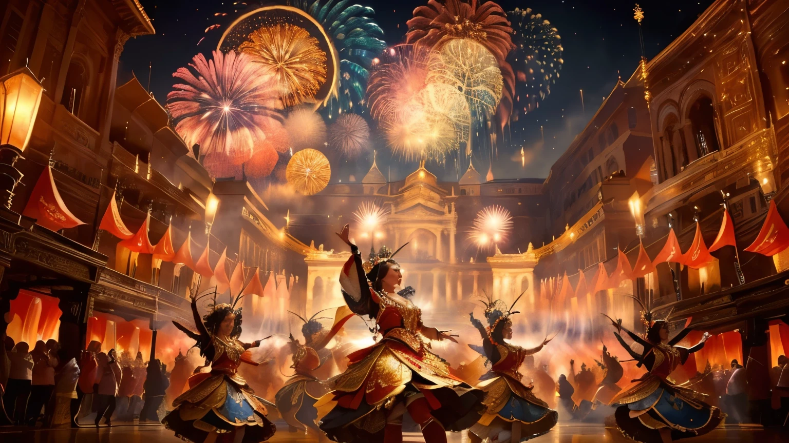 Un grupo de personas bailando alrededor del escenario，(Un escenario exquisito) ，(obra maestra) ，(mejor calidad) ，Alto detalle，ultra detalle，La gente celebra el gran festival con trajes antiguos，fuegos artificiales，sentimiento，