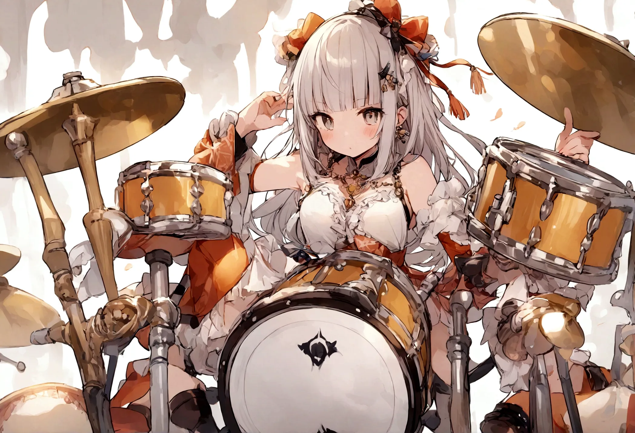 Garota de anime com cabelos grisalhos tocando bateriaGarota de anime com cabelos grisalhos tocando bateria  