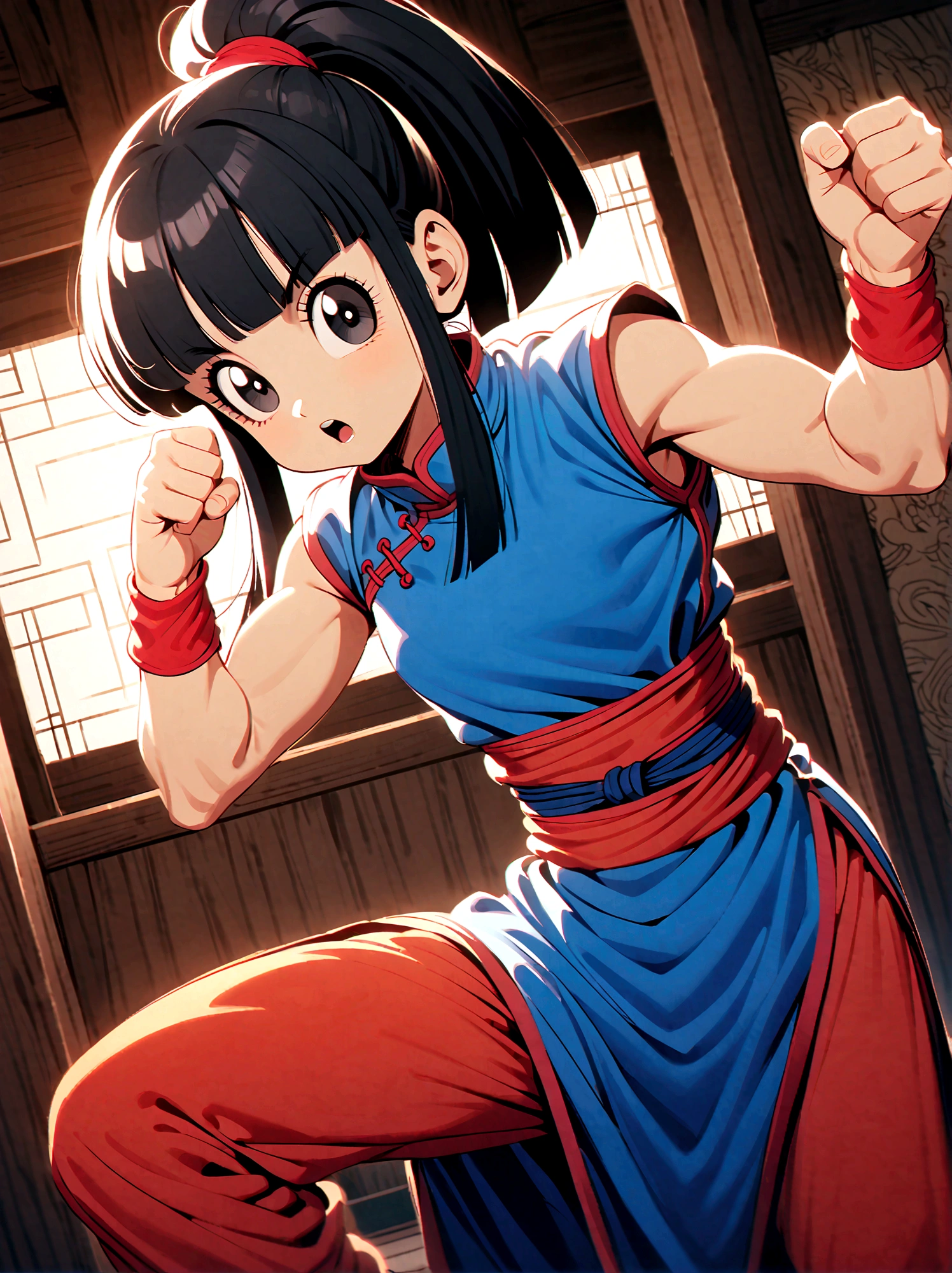 dragonballchichi, chi chi, black eyes, black hair, long hair, hime cut, blunt bangs, sidelocks,bare arms, blue dress, china dress, chinese clothes, dress, high collar, obi, pants, ponytail, red pants, red sash, red wristband, sash, side slit, sleeveless, sleeveless dress, wristband, indoors, dojo, fighting stance, open mouth, looking at viewer, dutch angle, cowboy shot,