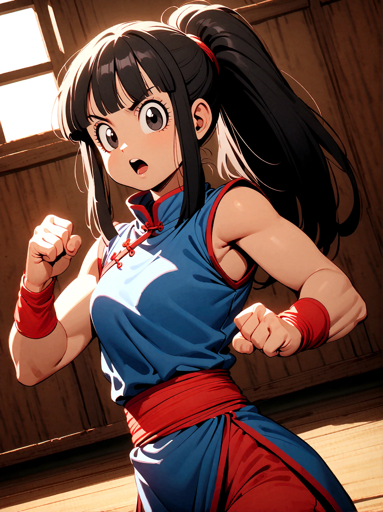 dragonballchichi, chi chi, black eyes, black hair, long hair, hime cut, blunt bangs, sidelocks,bare arms, blue dress, china dress, chinese clothes, dress, high collar, obi, pants, ponytail, red pants, red sash, red wristband, sash, side slit, sleeveless, sleeveless dress, wristband, indoors, dojo, fighting stance, open mouth, looking at viewer, dutch angle, cowboy shot,