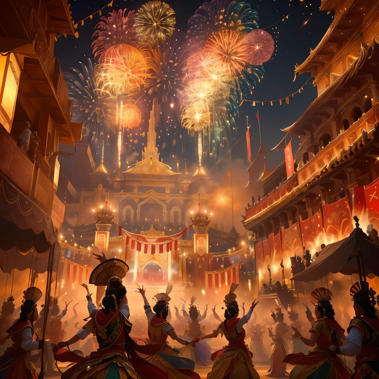 A group of people dancing around the stage，(An exquisite stage) ，(masterpiece) ，(best quality) ，High Detail，Ultra Detail，People celebrate the grand festival in ancient costumes，fireworks，Feeling，