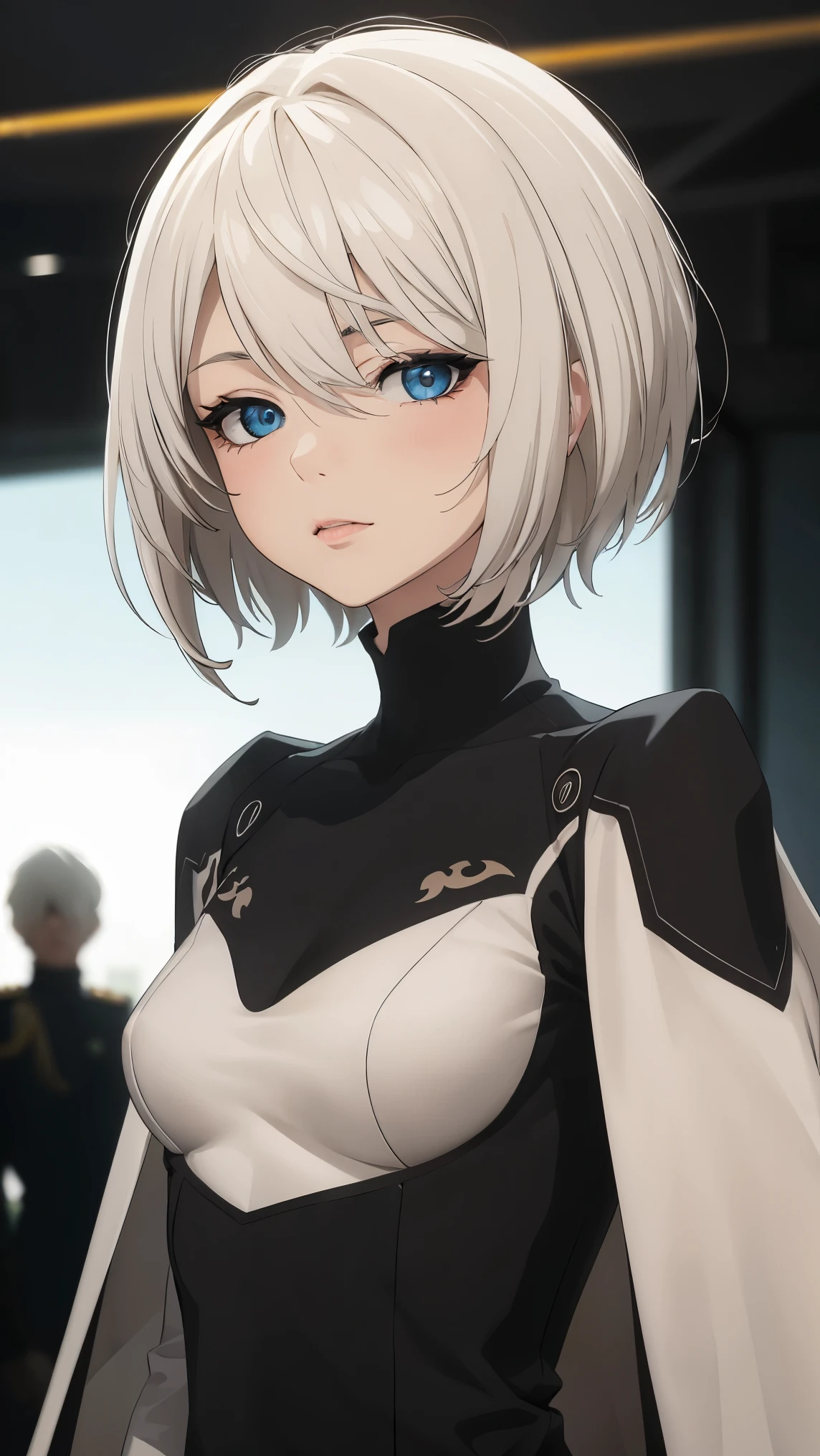 extremely detailed CG unity 8k wallpaper), (masterpiece), (best quality), (ultra-detailed), (best illustration), (best shadow), (absurdres) ,(detailed eyes), 2b, 1girl, short hair, white hair, solo, Intimidating women, admiral uniform, night, hero pose, white clothes, General Uniform, Military Uniform, Sunlight, exposed to sunlight,commander, fighting pose, wearing cape, looking at viewer