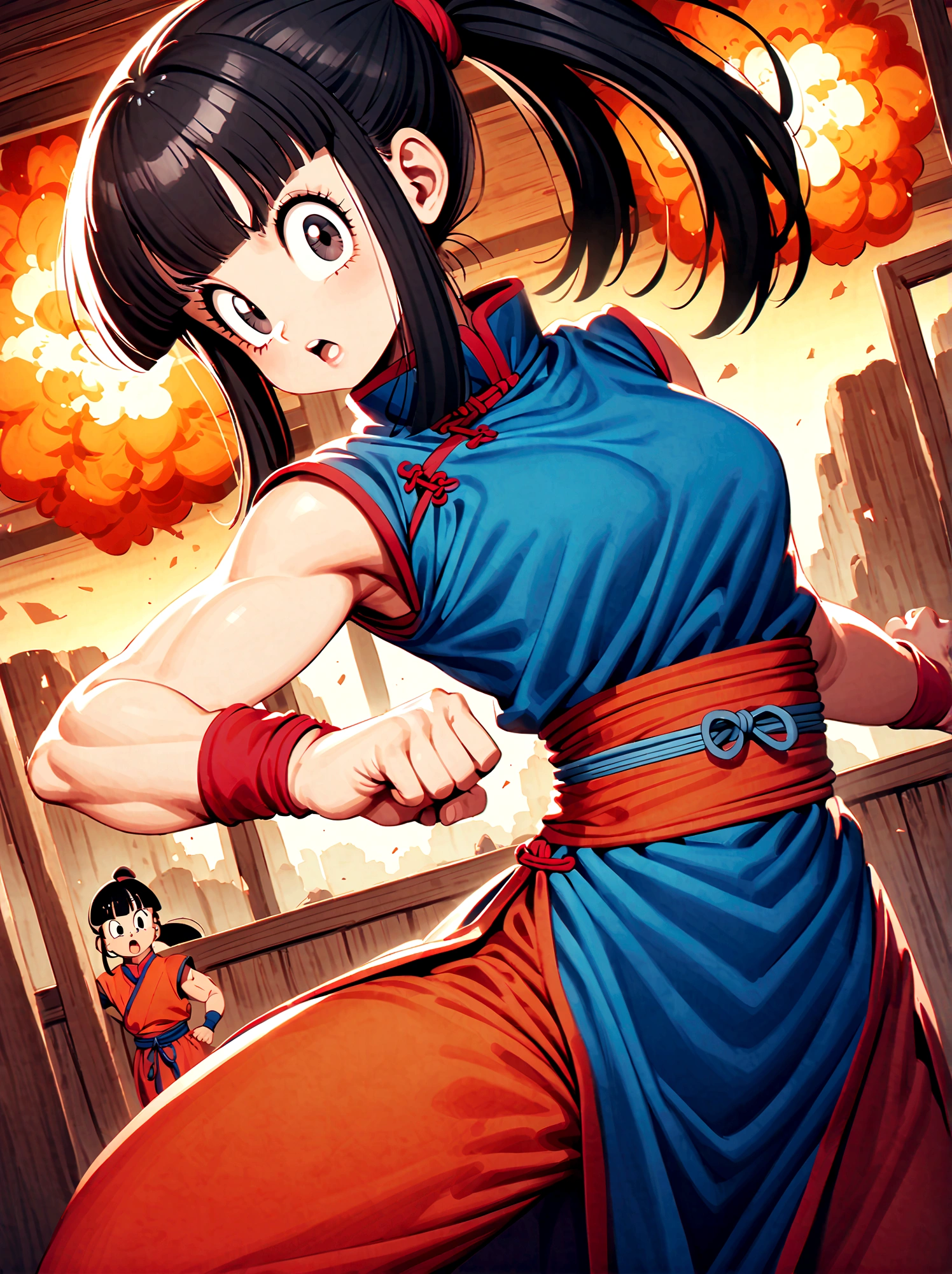 dragonballchichi, chi chi, black eyes, black hair, long hair, hime cut, blunt bangs, sidelocks,bare arms, blue dress, china dress, chinese clothes, dress, high collar, obi, pants, ponytail, red pants, red sash, red wristband, sash, side slit, sleeveless, sleeveless dress, wristband, indoors, dojo, fighting stance, open mouth, looking at viewer, dutch angle, cowboy shot, Looking at the audience，Dynamic poses，fighting，Explosion，Explosion Background，Martial arts tournament background