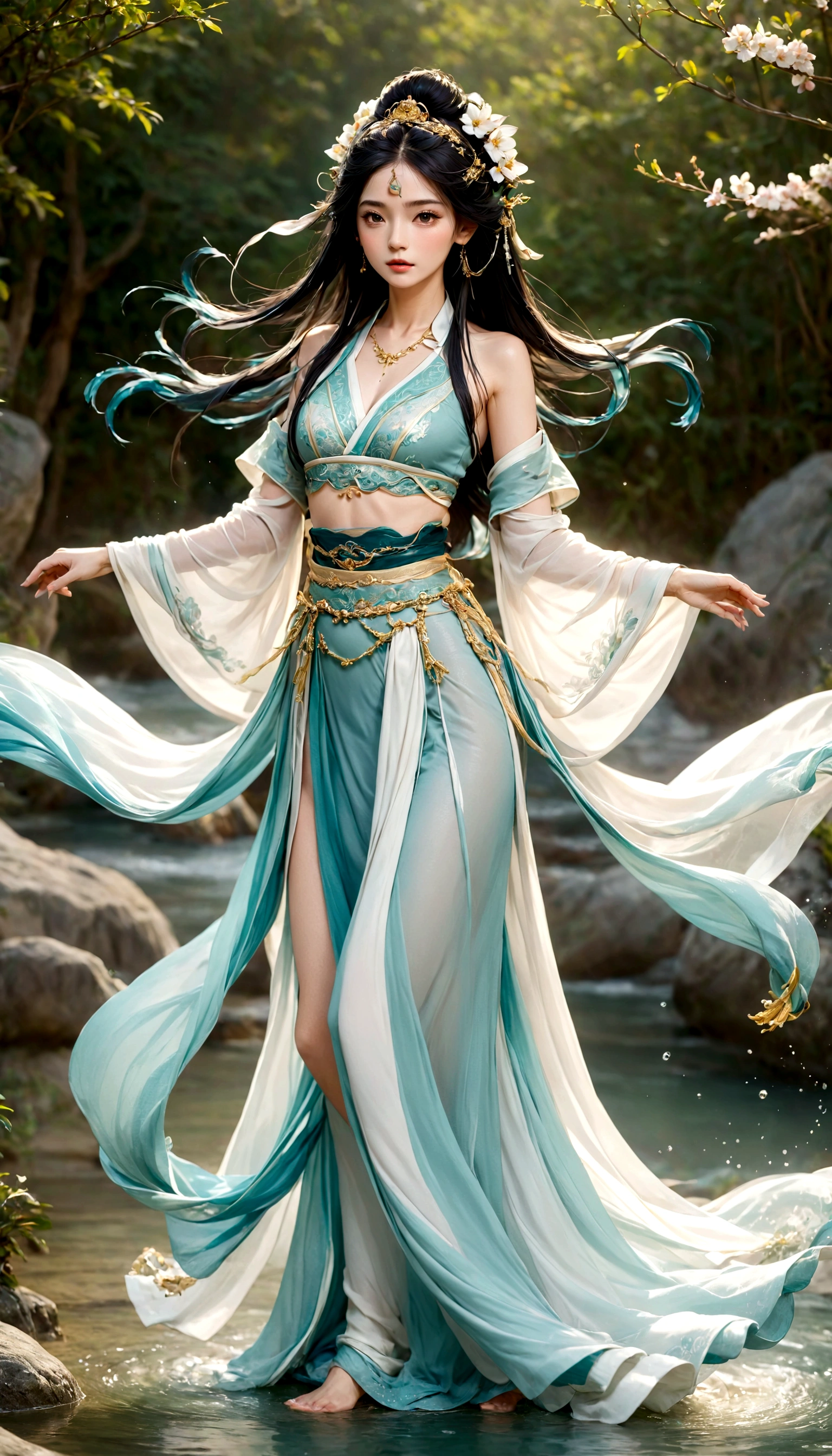 (full body photography)(((masterpiece))), Best quality, Illustration, Beautiful details, the goddess of water dancing gracefully in the water dressed in a goddess-worthy clothing with matching headdress and jewelry. turquoise-green water, waves beat high whipped up into beautiful shapes that flow , asian beauty, delicate face , extremely long black-indigo hair with headdress in hanfu style with flowers, mythologie, shinto, hanfu, komplette figur im bild, nachtszene, vollmond, 