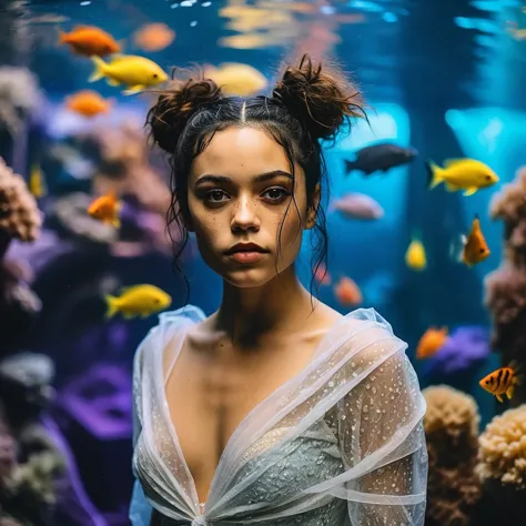 professional fashion close-up portrait photography of a young beautiful ((ohwx woman)) at aquarium during evening, nikon z9