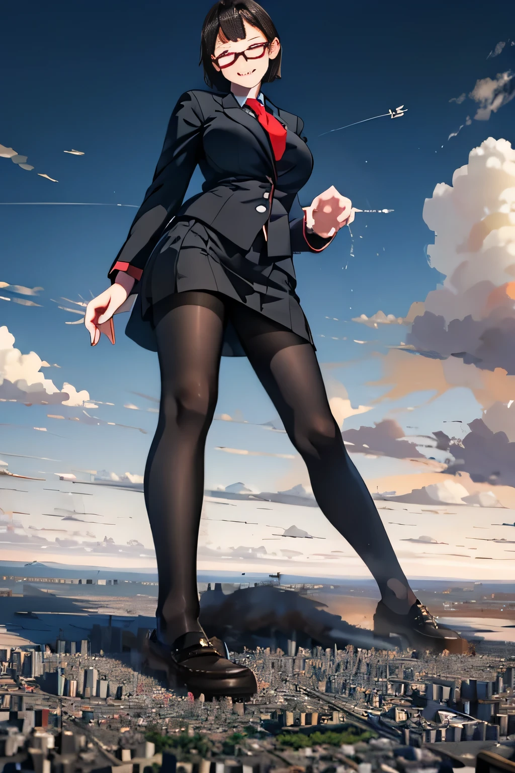 giantess art, fotos de giganta altamente detalhadas, giantess, duas pernas, cinco dedos, cabelo curto, Uma gigantesca estudante do ensino médio que é mais alta que um arranha-céu, usando óculos sem aro, sorriso, seios grandes, blazer marinho, gravata vermelha, mini-saia, meia-calça preta, meia-calça preta, Sem sapatos, dedos dos pés visíveis através da meia-calça, Vapor saindo das solas dos meus pés, Destruindo cidades, Uma cidade grande muito pequena, Miniature metropolis, descrição de corpo inteiro, gts, giga giantess, Cidade pisando forte, cidade acidentada, pequena cidade, microcidade, Pés de meia-calça, Alta resolução, mais alta qualidade, obra de arte, fazendo xixi sozinho