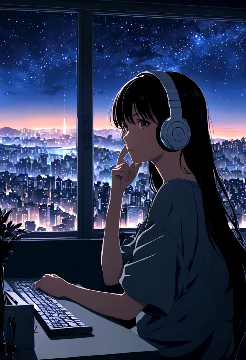 (8K,highest quality, Ultra-high resolution:1.5, masterpiece:1.3),Anime girl sitting at a desk with headphones and computer on, A...