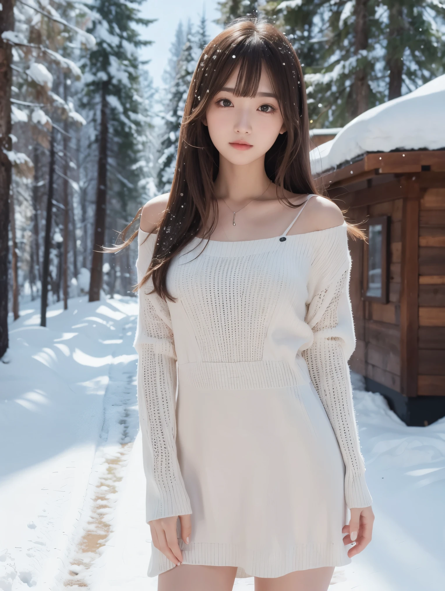 long dress,dress, (knee shot), 1womanl, up of face, light brown hair, Blunt bangs, hair behind ear, hair over shoulder, Long hair, slender body shape, Ultra Fine Face, Thin face, Delicate lips, Beautiful eyes, thin blush, eyes are light brown,View here, (realisitic:1.3), Coniferous forest with heavy snowfall, It's snowing .One-person viewpoint, 8K, masutepiece, nffsw, Super Detail, High quality, Best Quality, hight resolution,