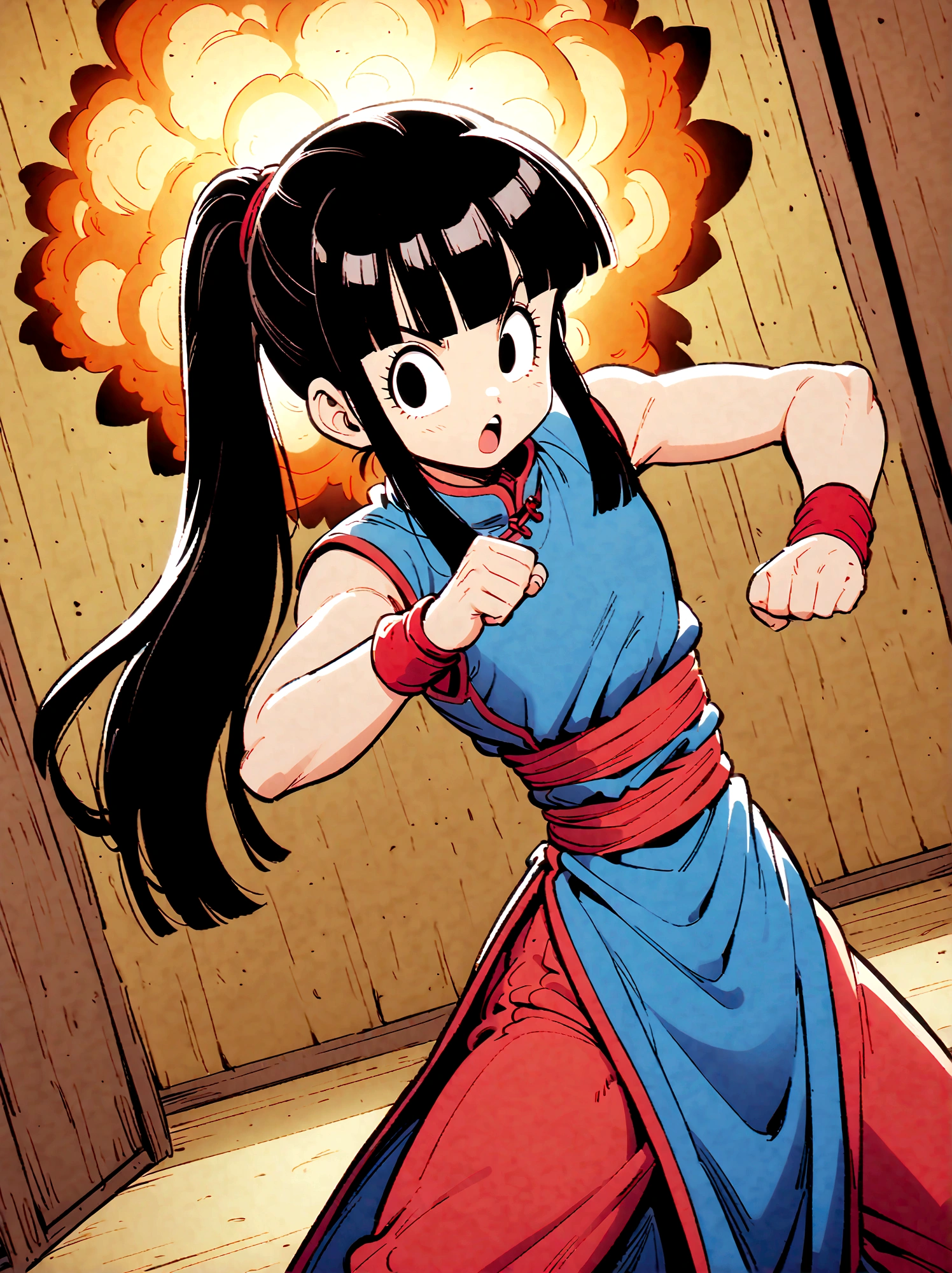 dragonballchichi, chi chi, black eyes, black hair, long hair, hime cut, blunt bangs, sidelocks,bare arms, blue dress, china dress, chinese clothes, dress, high collar, obi, pants, ponytail, red pants, red sash, red wristband, sash, side slit, sleeveless, sleeveless dress, wristband, indoors, dojo, fighting stance, open mouth, looking at viewer, dutch angle, cowboy shot, Looking at the audience，Dynamic poses，fighting，Explosion，Explosion Background，Martial arts tournament background