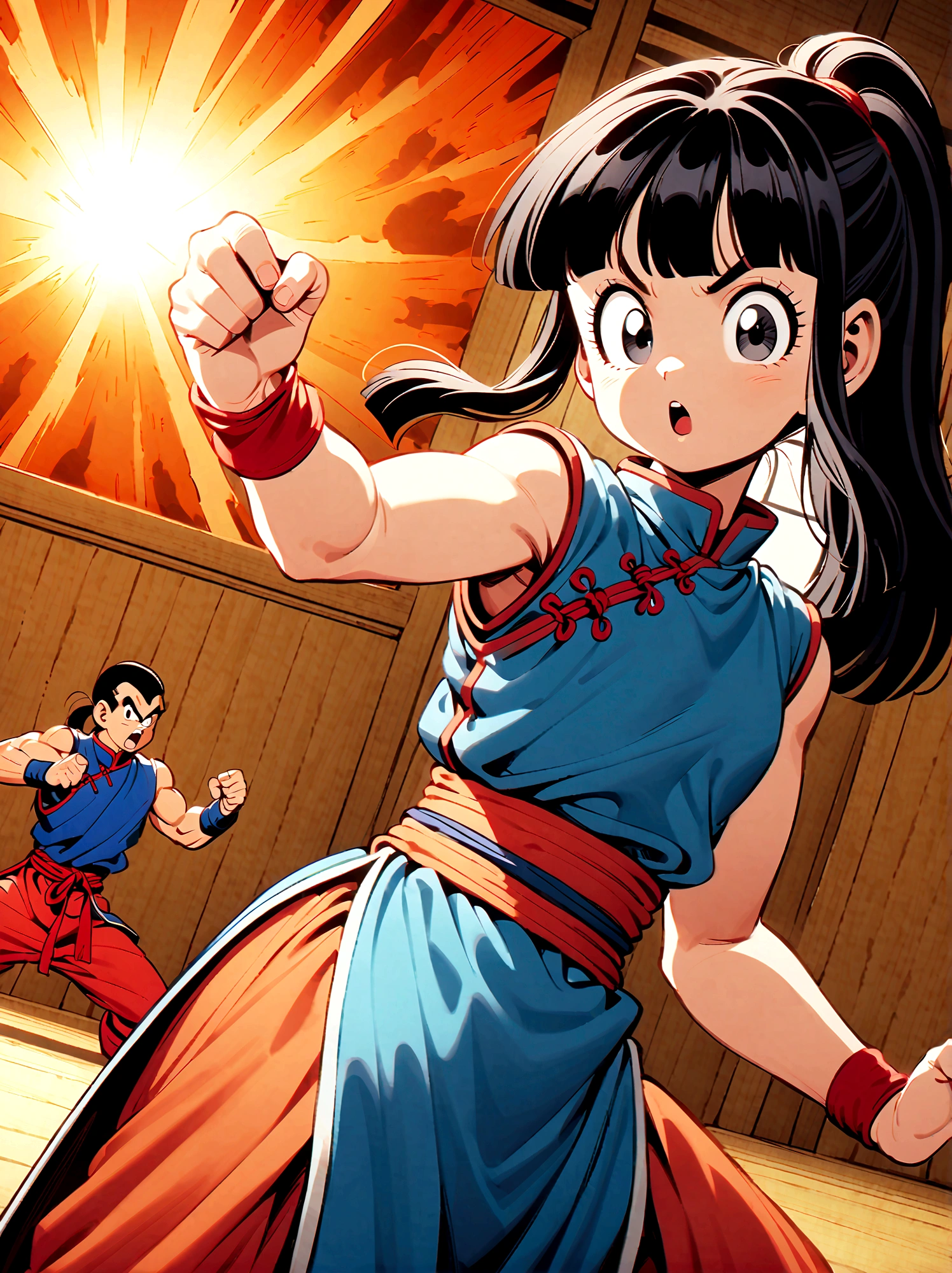 dragonballchichi, chi chi, black eyes, black hair, long hair, hime cut, blunt bangs, sidelocks,bare arms, blue dress, china dress, chinese clothes, dress, high collar, obi, pants, ponytail, red pants, red sash, red wristband, sash, side slit, sleeveless, sleeveless dress, wristband, indoors, dojo, fighting stance, open mouth, looking at viewer, dutch angle, cowboy shot, Looking at the audience，Dynamic poses，fighting，Explosion，Explosion Background，Martial arts tournament background