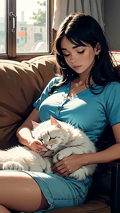 a woman with a cat on her lap, age 25, watching a sleeping cat