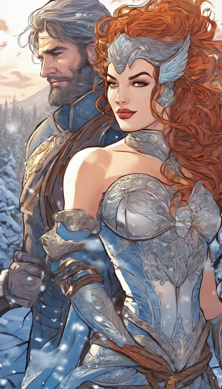 intricate detailed fantasy warriors couple, 1man 1woman, extremely detailed eyes, extremely detailed lips, elegant armor, big wild animal furs, winter landscape, heavy snow, stormy windswept, fantasy world, cinematic lighting, dramatic colors, highly detailed, 8k, photorealistic, conceptart style