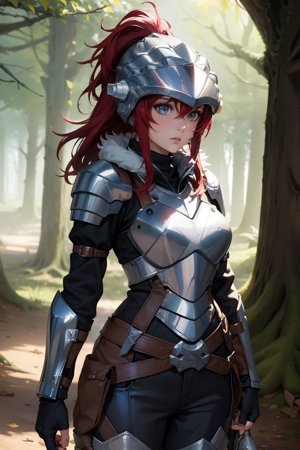 (masterpiece), best quality, elmo ,  highres, 1 girl, solo, (female body:1.3), goblin-slayer girl , elmo, fur trim, armor, pants, fingerless gloves, outdoor , shield , forest, trees, standing, portrait, 