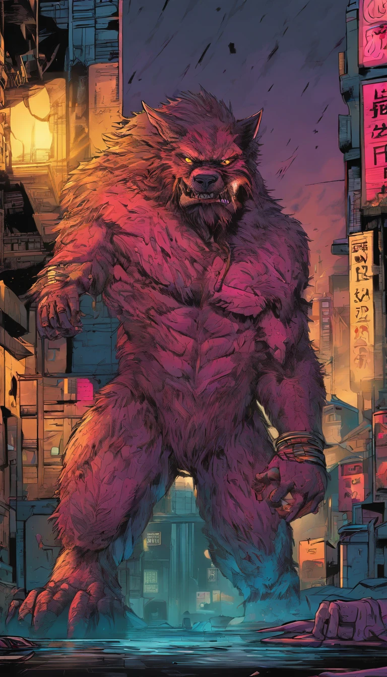 a giant werewolf, detailed fur, glowing eyes, sharp claws, snarling expression, cyberpunk city, neon lights, skyscrapers, futuristic architecture, dark alleyways, steam vents, rain effects, moody atmosphere, (best quality,4k,8k,highres,masterpiece:1.2),ultra-detailed,(realistic,photorealistic,photo-realistic:1.37),cinematic lighting,dramatic shadows,vibrant colors,dystopian,concept art