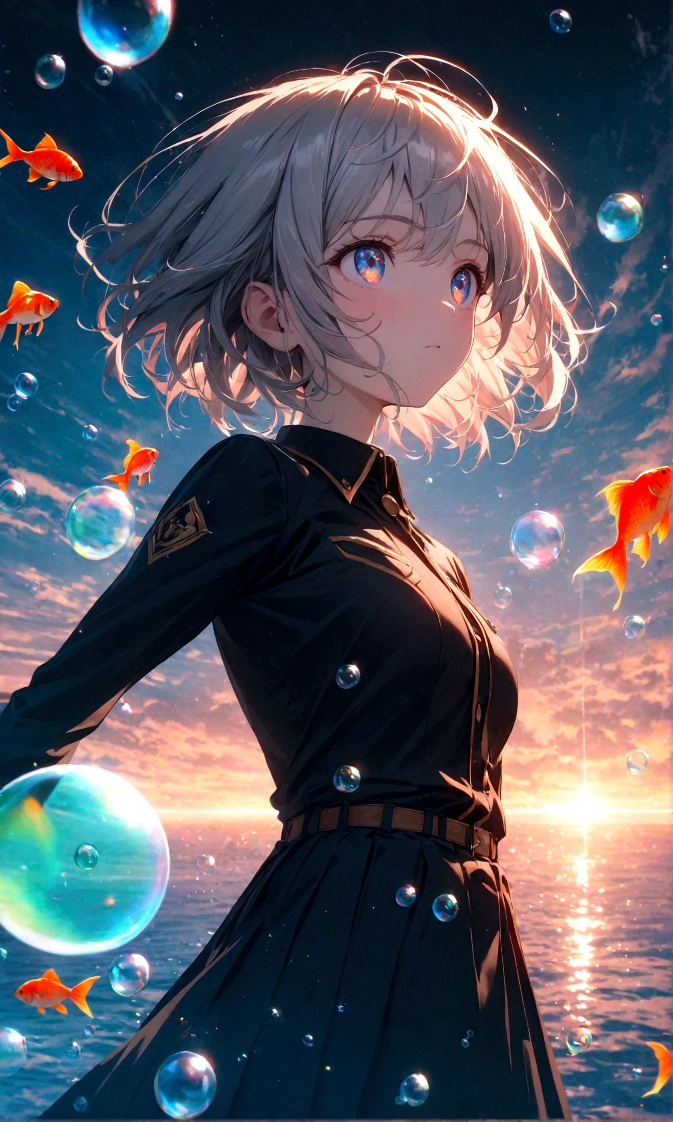 (female\(student, age of 15, JK, short hair, silver hair, floating hair, cosmic colored eyes, black color uniform of school, pale skin, tired face with no shine in the eyes\) is looking up at the sky), (so many goldfish are swimming in the air), beautiful sky, beautiful clouds, summery colorful flowers are blooming here and there, (crystal clear bubbles are shining prism here and there in the sky), there is the noonday moon and noonday stars in the sky, at downtown, BREAK ,quality\(8k,wallpaper of extremely detailed CG unit, ​masterpiece,hight resolution,top-quality,top-quality real texture skin,hyper realisitic,increase the resolution,RAW photos,best qualtiy,highly detailed,the wallpaper,cinematic lighting,ray trace,golden ratio\),(long shot),wide shot,