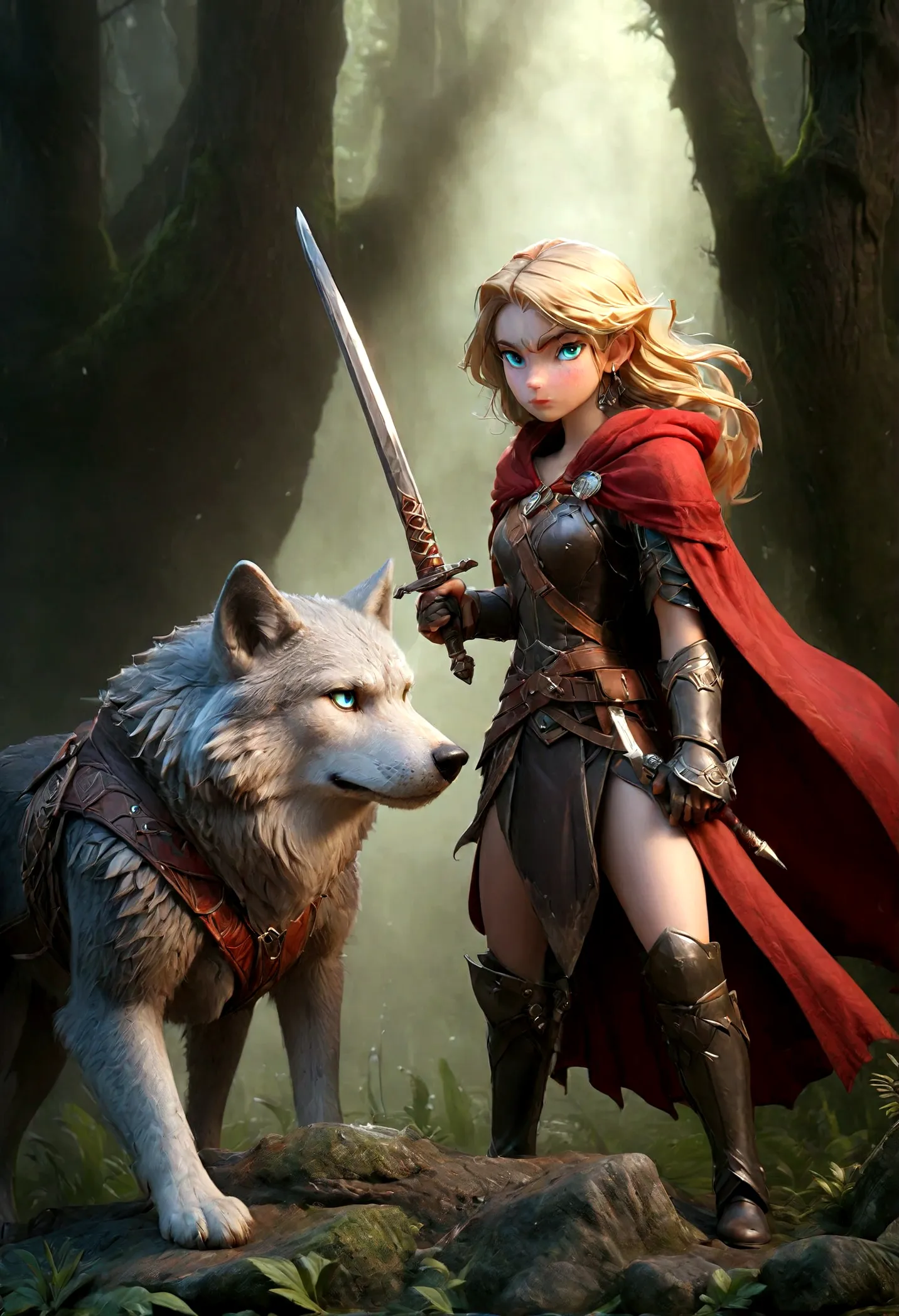 fantasy art, rpg art, dark fantasy art, ultra wide shot, raw, photorealistic, a picture of female human ranger and her wolf pet,...