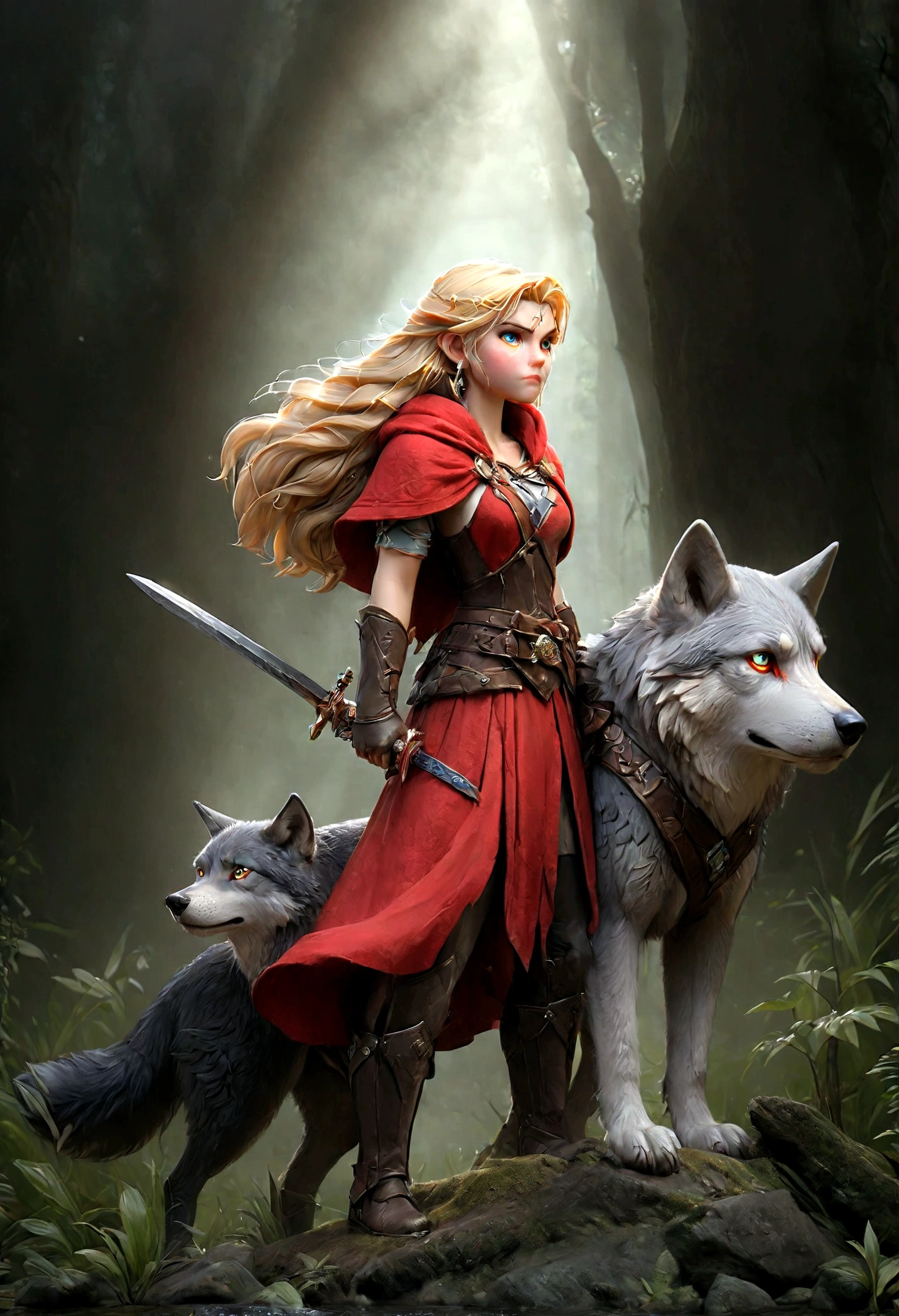 fantasy art, RPG art, Dark fantasy art, ultra wide shot, RAW, photorealistic, a picture of female human ranger and her wolf pet, the ranger, an exquisite beautiful human woman, long blond hair, braided hair, green eyes, wearing leather armor, wearing (red cloak: 1.1), armed with a (sword: 1.3), wearing laced boots, standing in a dark forest at night, (mist rising from the grounds: 1.3), a sense of dread and fear, yet she stands defiant and fearless, her wolf pet stands near her, protecting her, dark fantasy forest background, best quality, 16k, [ultra detailed], masterpiece, best quality, (ultra detailed), full body, ultra wide shot, photorealism