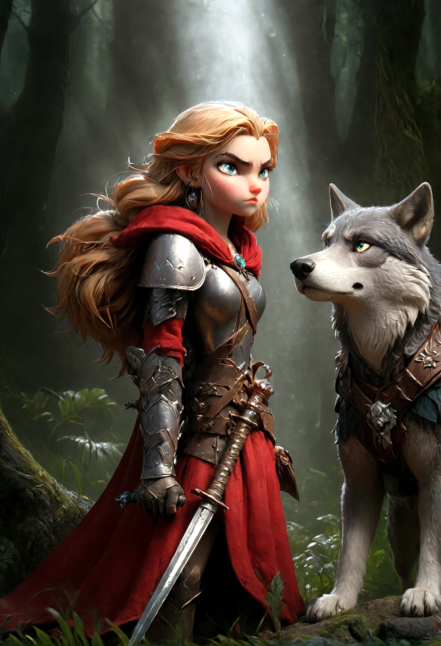 fantasy art, RPG art, Dark fantasy art, ultra wide shot, RAW, photorealistic, a picture of female human ranger and her wolf pet, the ranger, an exquisite beautiful human woman, long blond hair, braided hair, green eyes, wearing leather armor, wearing (red cloak: 1.1), armed with a (sword: 1.3), wearing laced boots, standing in a dark forest at night, (mist rising from the grounds: 1.3), a sense of dread and fear, yet she stands defiant and fearless, her wolf pet stands near her, protecting her, dark fantasy forest background, best quality, 16k, [ultra detailed], masterpiece, best quality, (ultra detailed), full body, ultra wide shot, photorealism