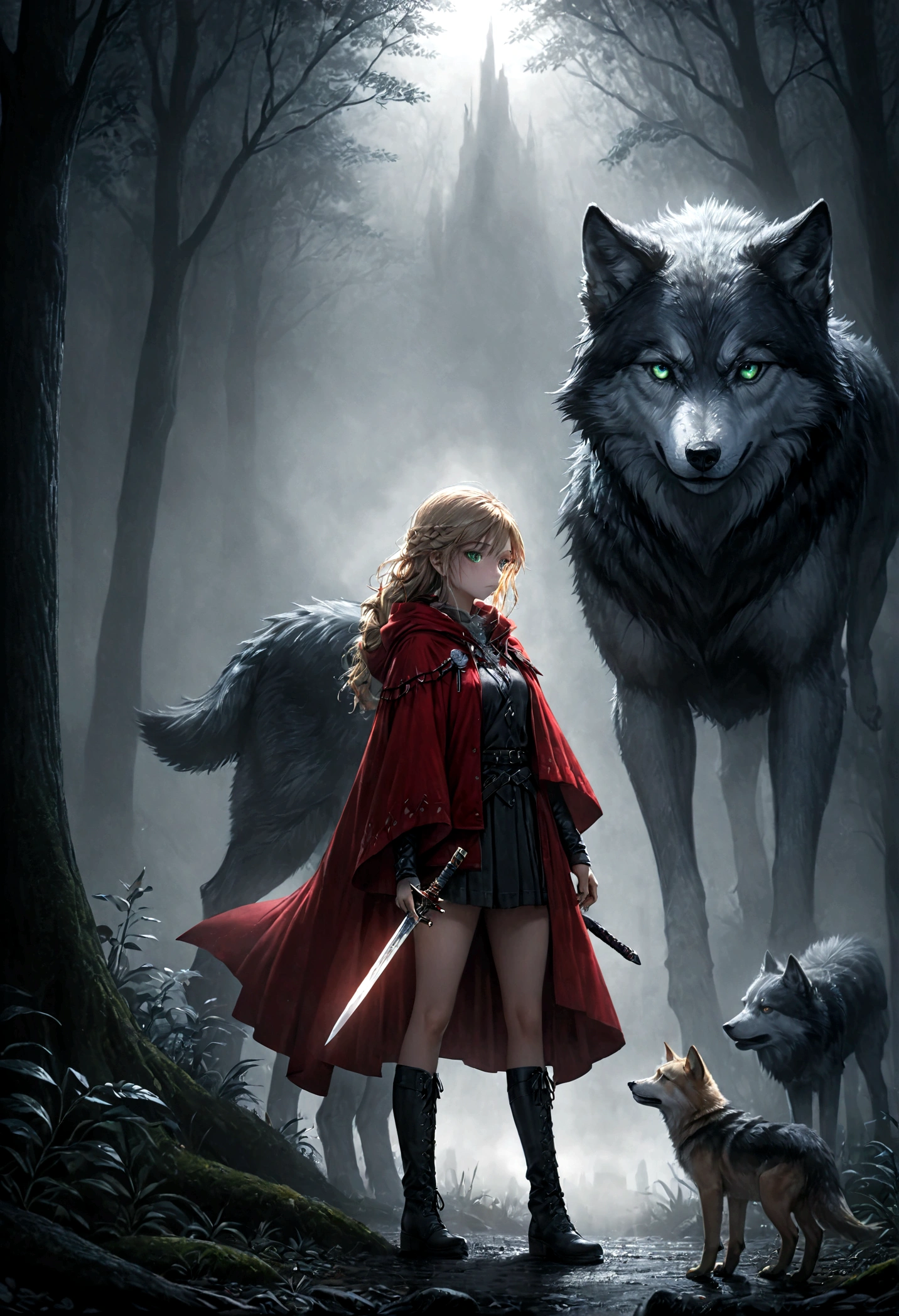 fantasy art, RPG art, Dark fantasy art, ultra wide shot, RAW, photorealistic, a picture of female human ranger and her wolf pet, the ranger, an exquisite beautiful human woman, long blond hair, braided hair, green eyes, wearing leather armor, wearing (red cloak: 1.1), armed with a (sword: 1.3), wearing laced boots, standing in a dark forest at night, (mist rising from the grounds: 1.3), a sense of dread and fear, yet she stands defiant and fearless, her wolf pet stands near her, protecting her, dark fantasy forest background, best quality, 16k, [ultra detailed], masterpiece, best quality, (ultra detailed), full body, ultra wide shot, photorealism