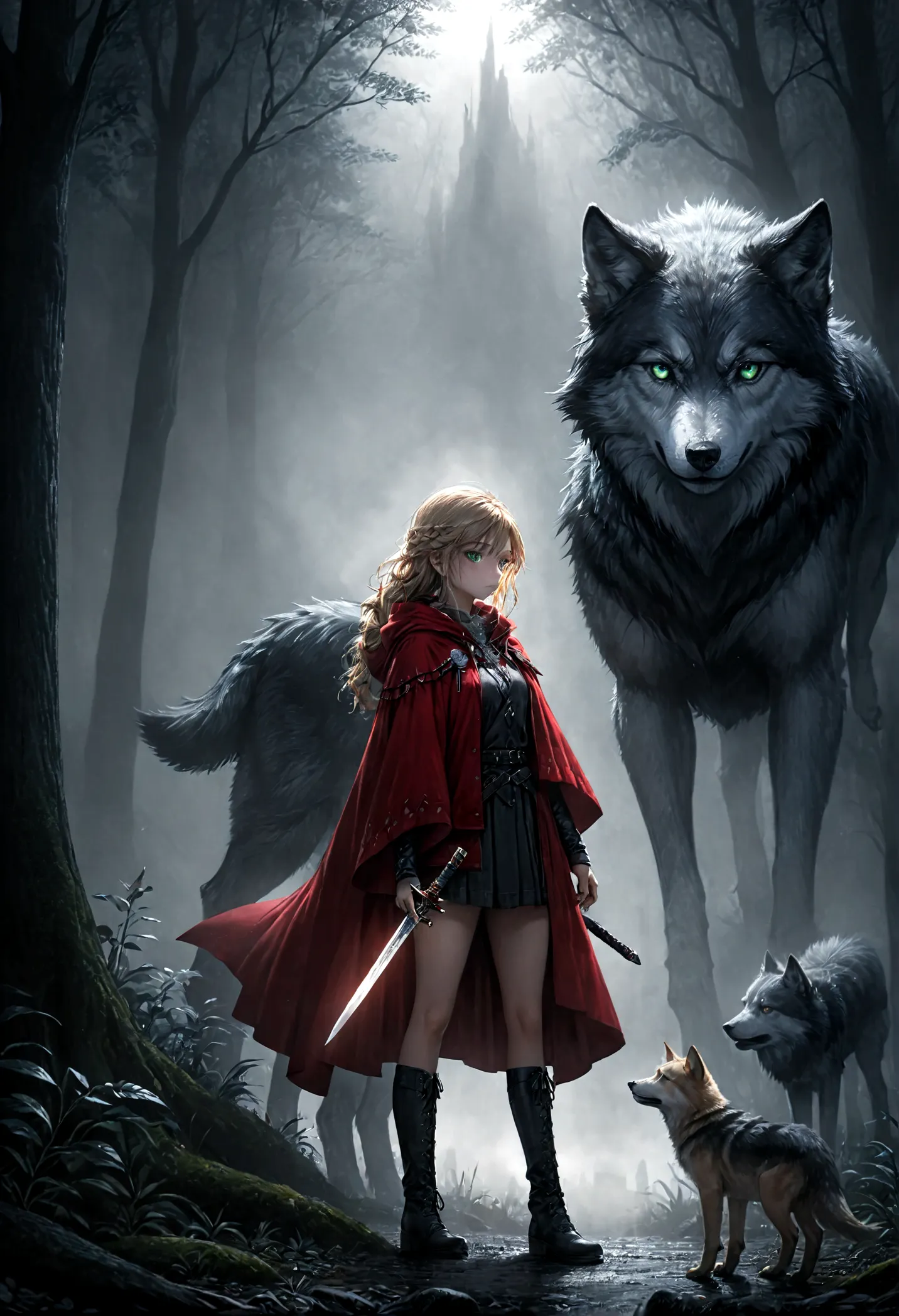 fantasy art, rpg art, dark fantasy art, ultra wide shot, raw, photorealistic, a picture of female human ranger and her wolf pet,...