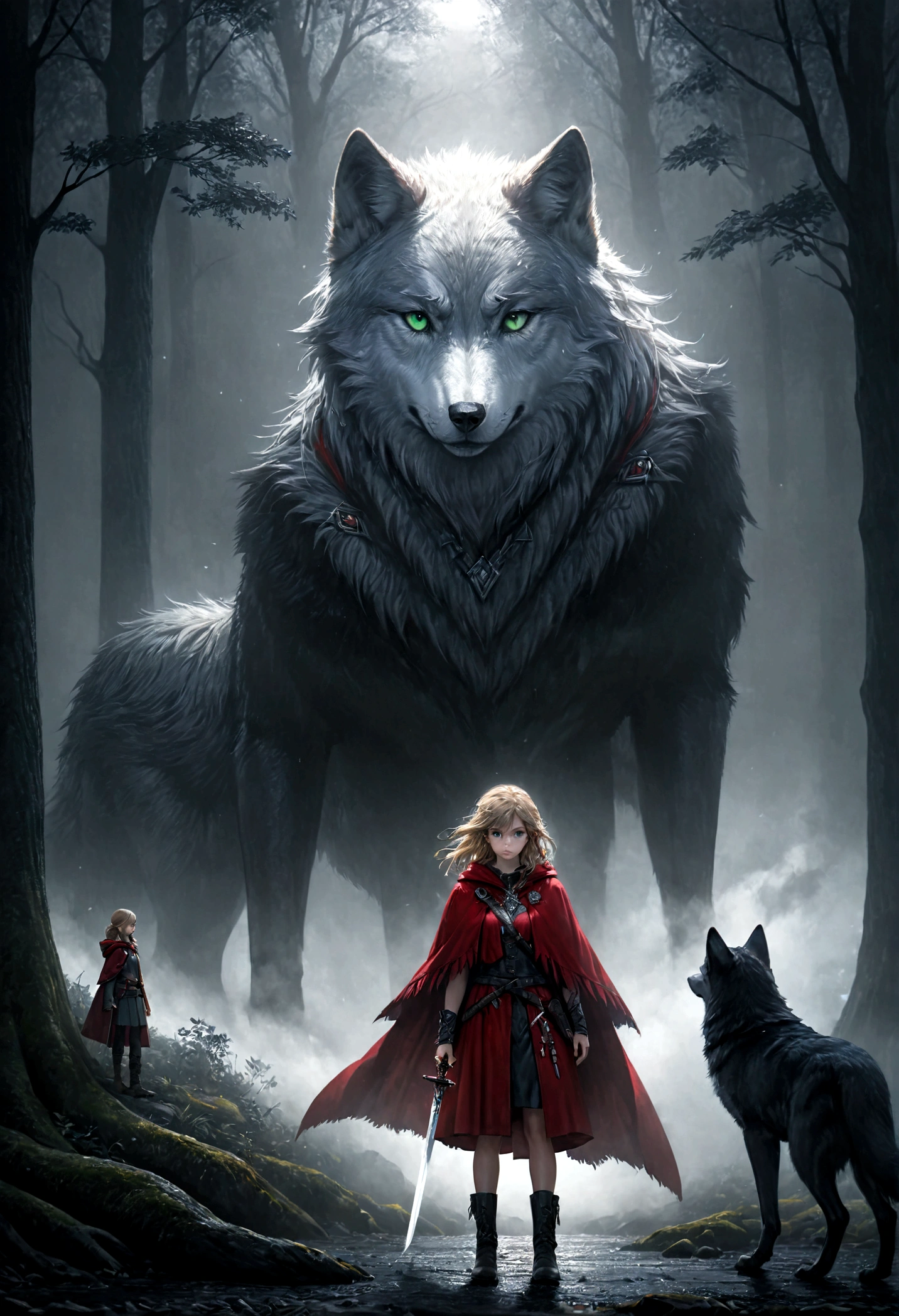 fantasy art, RPG art, Dark fantasy art, ultra wide shot, RAW, photorealistic, a picture of female human ranger and her wolf pet, the ranger, an exquisite beautiful human woman, long blond hair, braided hair, green eyes, wearing leather armor, wearing (red cloak: 1.1), armed with a (sword: 1.3), wearing laced boots, standing in a dark forest at night, (mist rising from the grounds: 1.3), a sense of dread and fear, yet she stands defiant and fearless, her wolf pet stands near her, protecting her, dark fantasy forest background, best quality, 16k, [ultra detailed], masterpiece, best quality, (ultra detailed), full body, ultra wide shot, photorealism