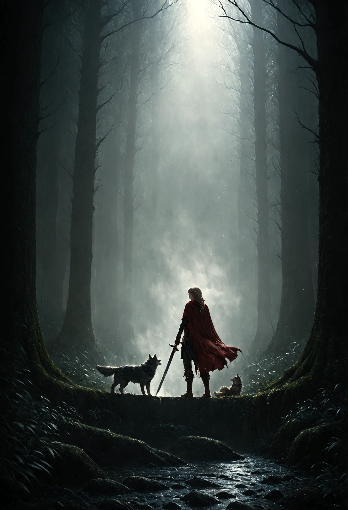 fantasy art, RPG art, Dark fantasy art, ultra wide shot, RAW, photorealistic, a picture of female human ranger and her wolf pet, the ranger, an exquisite beautiful human woman, long blond hair, braided hair, green eyes, wearing leather armor, wearing (red cloak: 1.1), armed with a (sword: 1.3), wearing laced boots, standing in a dark forest at night, (mist rising from the grounds: 1.3), a sense of dread and fear, yet she stands defiant and fearless, her wolf pet stands near her, protecting her, dark fantasy forest background, best quality, 16k, [ultra detailed], masterpiece, best quality, (ultra detailed), full body, ultra wide shot, photorealism