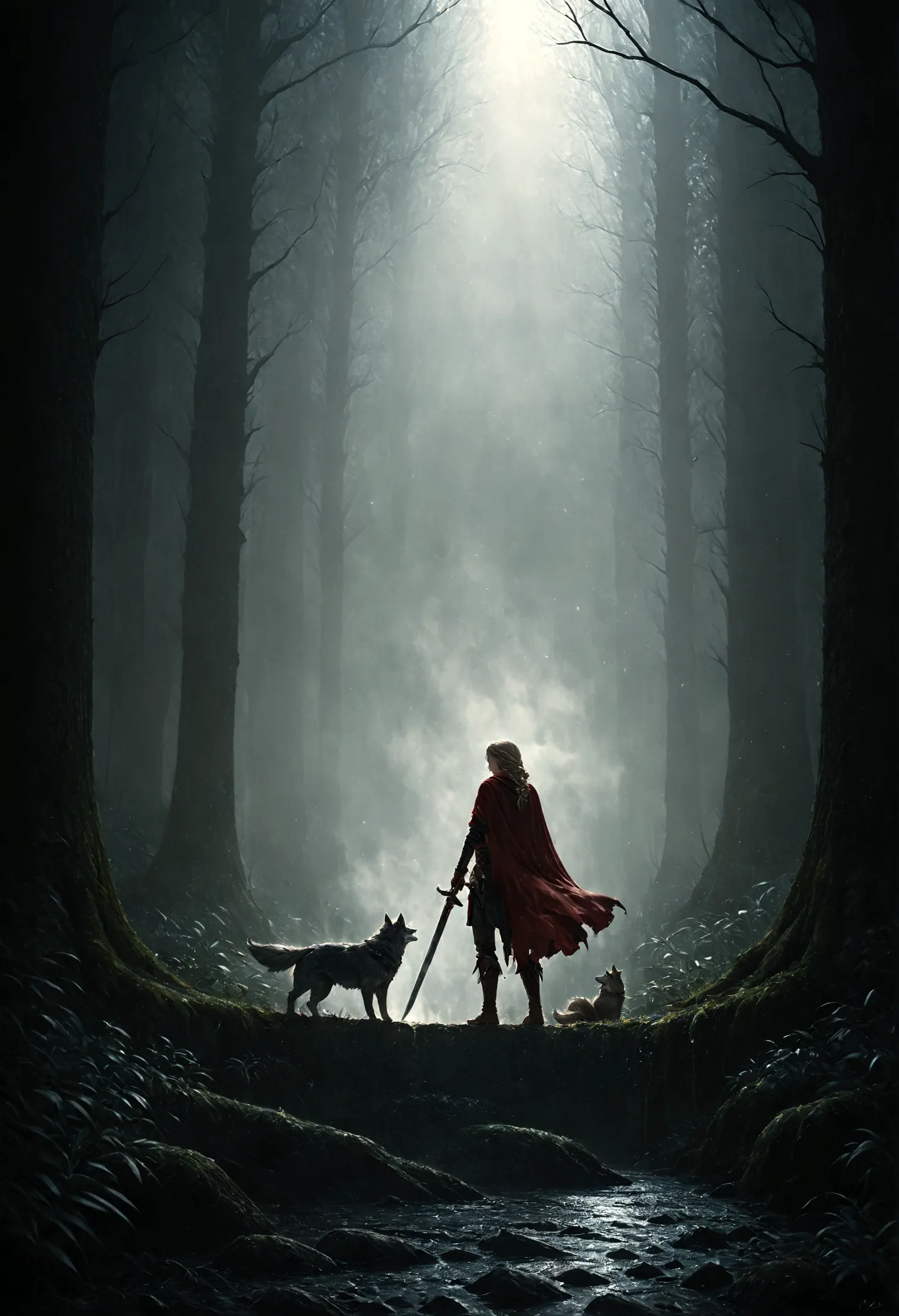 fantasy art, rpg art, dark fantasy art, ultra wide shot, raw, photorealistic, a picture of female human ranger and her wolf pet,...