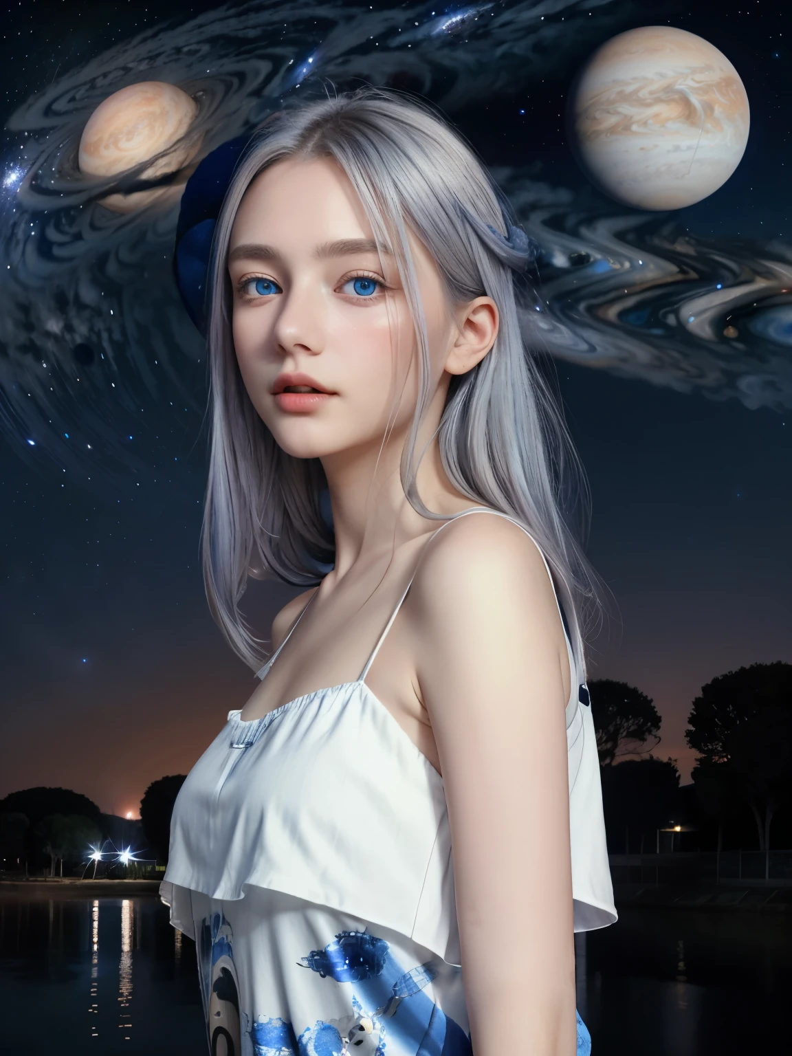 (4K), (اعلى جودة), (أفضل التفاصيل)（سريالية）,فتاة فرنسية جميلة、شعر فضي、عيون زرقاء、كوكب المشتري العملاق يطفو في السماء ليلاً