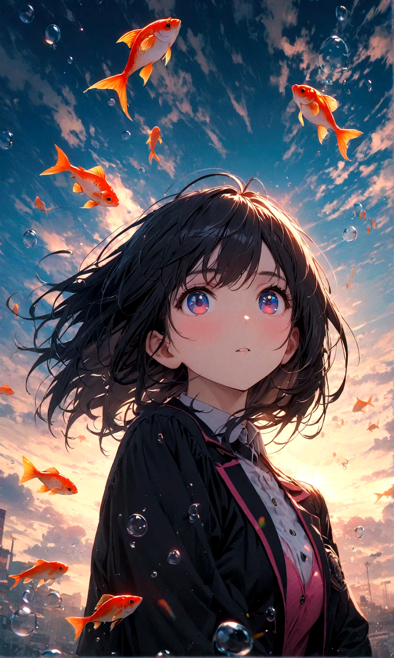 (female\(student, age of 15, JK, short silver floating hair, cosmic colored eyes, black color uniform of school, pale skin, tired face with no shine in the eyes\) is looking up at the sky), (so many goldfish are swimming in the air), beautiful sky, beautiful clouds, summery colorful flowers are blooming here and there, (crystal clear bubbles are shining prism here and there in the sky), there is the noonday moon and noonday stars in the sky, female is at messy downtown, BREAK ,quality\(8k,wallpaper of extremely detailed CG unit, ​masterpiece,hight resolution,top-quality,top-quality real texture skin,hyper realisitic,increase the resolution,RAW photos,best qualtiy,highly detailed,the wallpaper,cinematic lighting,ray trace,golden ratio\),(long shot),wide shot,