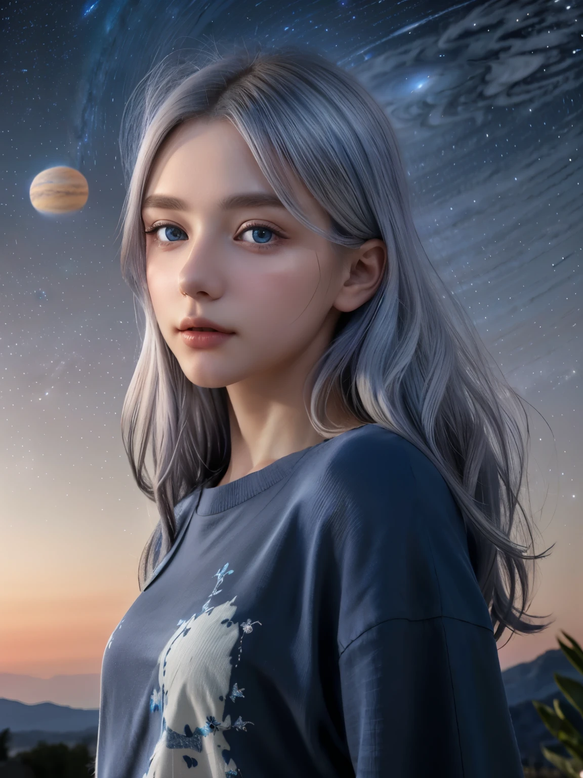 (4K), (최상의 품질), (최고의 세부 사항)（초현실주의적인）,프랑스 아름다운 소녀、은발、파란 눈、밤하늘에 떠 있는 거대한 행성 목성