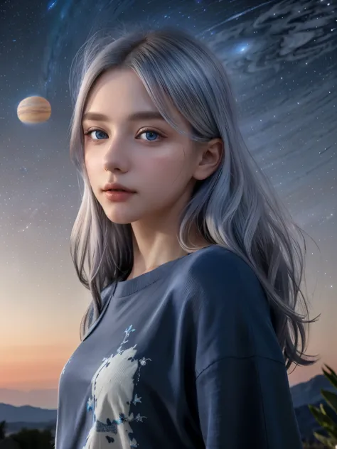 (4k), (highest quality), (best details)（surrealistic）,French Beautiful Girl、silver hair、blue eyes、Giant planet Jupiter floats in...