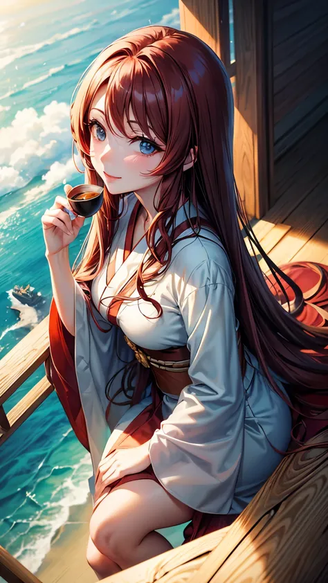 From above,masterpiece,Japanese anime style，Beauty with long reddish brown hair and blue eyes,gentle smile,Drinking delicious As...