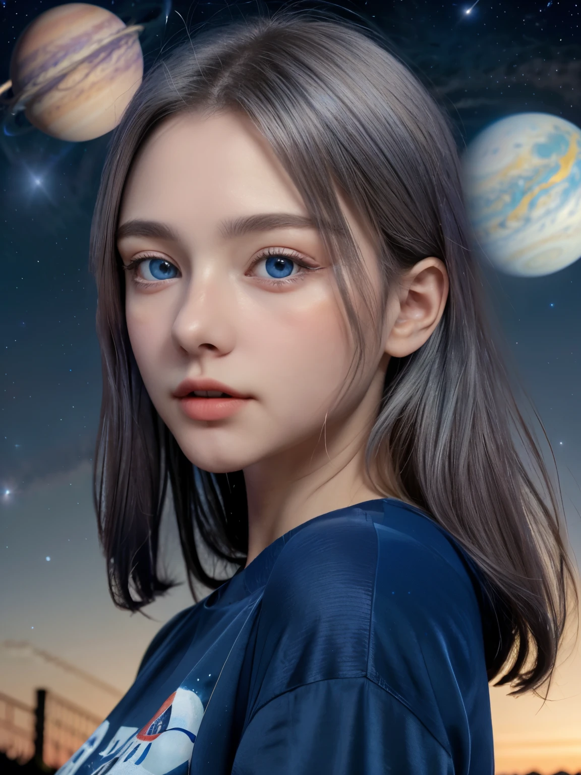 (4K), (最高品質), (最高の詳細)（シュールな）,フランスの美しい少女、銀髪、青い目、巨大惑星木星が夜空に浮かぶ