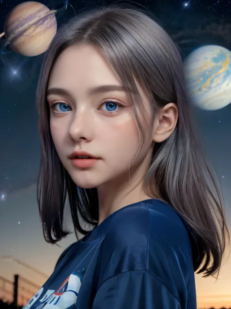 (4k), (highest quality), (best details)（surrealistic）,French Beautiful Girl、silver hair、blue eyes、Giant planet Jupiter floats in...